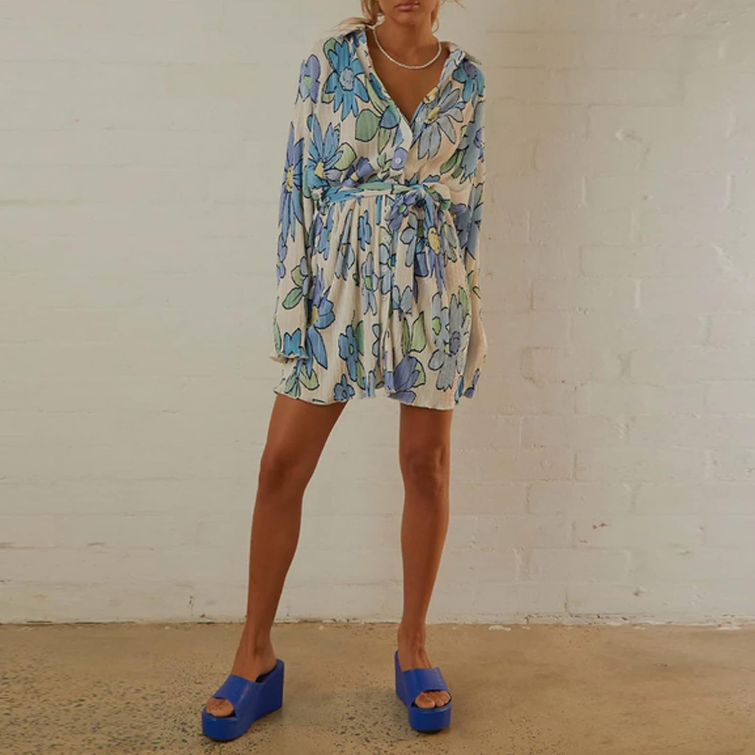 Women Shirt Dresses Long Sleeve Pleated Mini Dress Casual Button Down Tunic Tops with Belt Vintage Streetwear