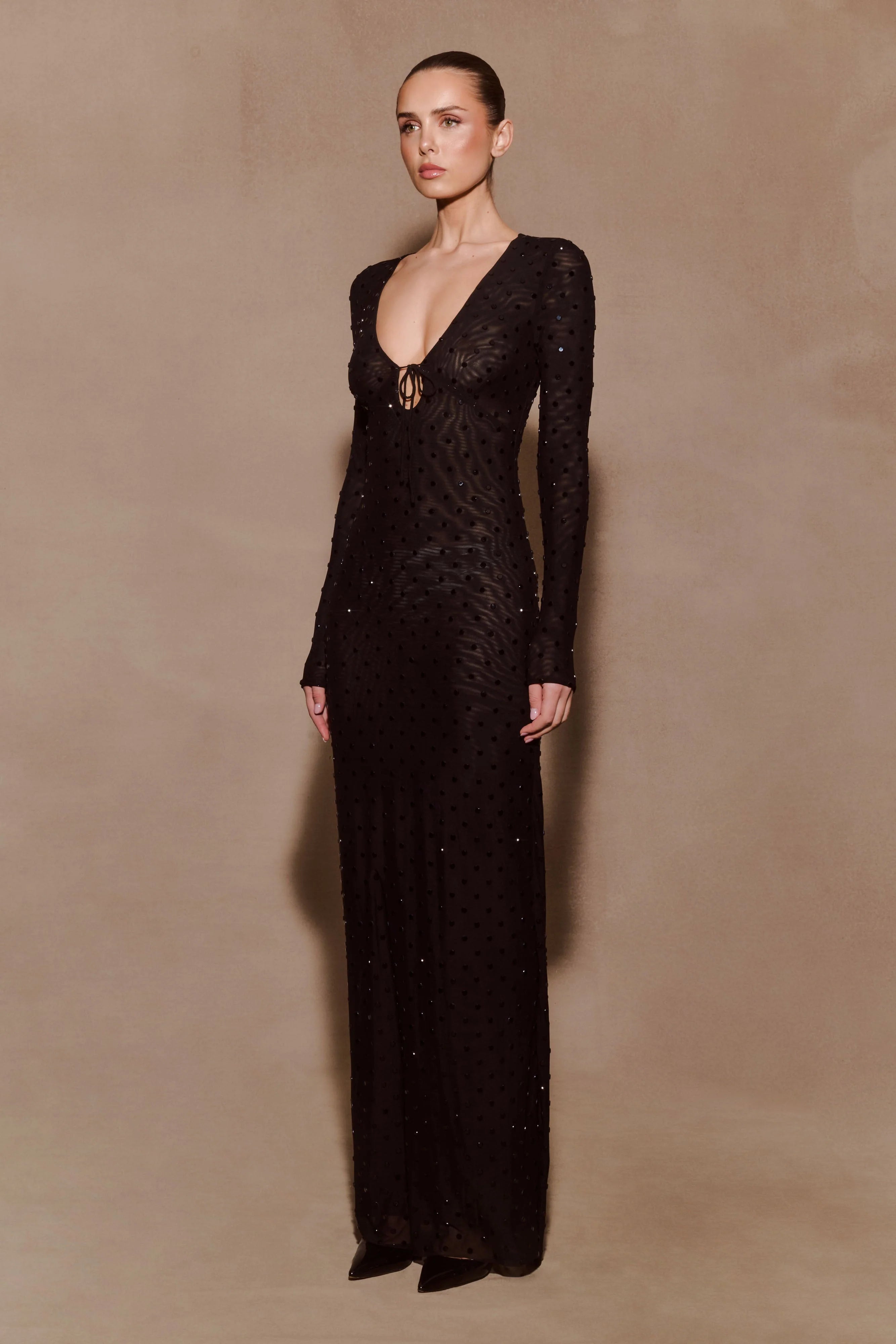 Acadia Diamante Long Sleeve Maxi Dress Black