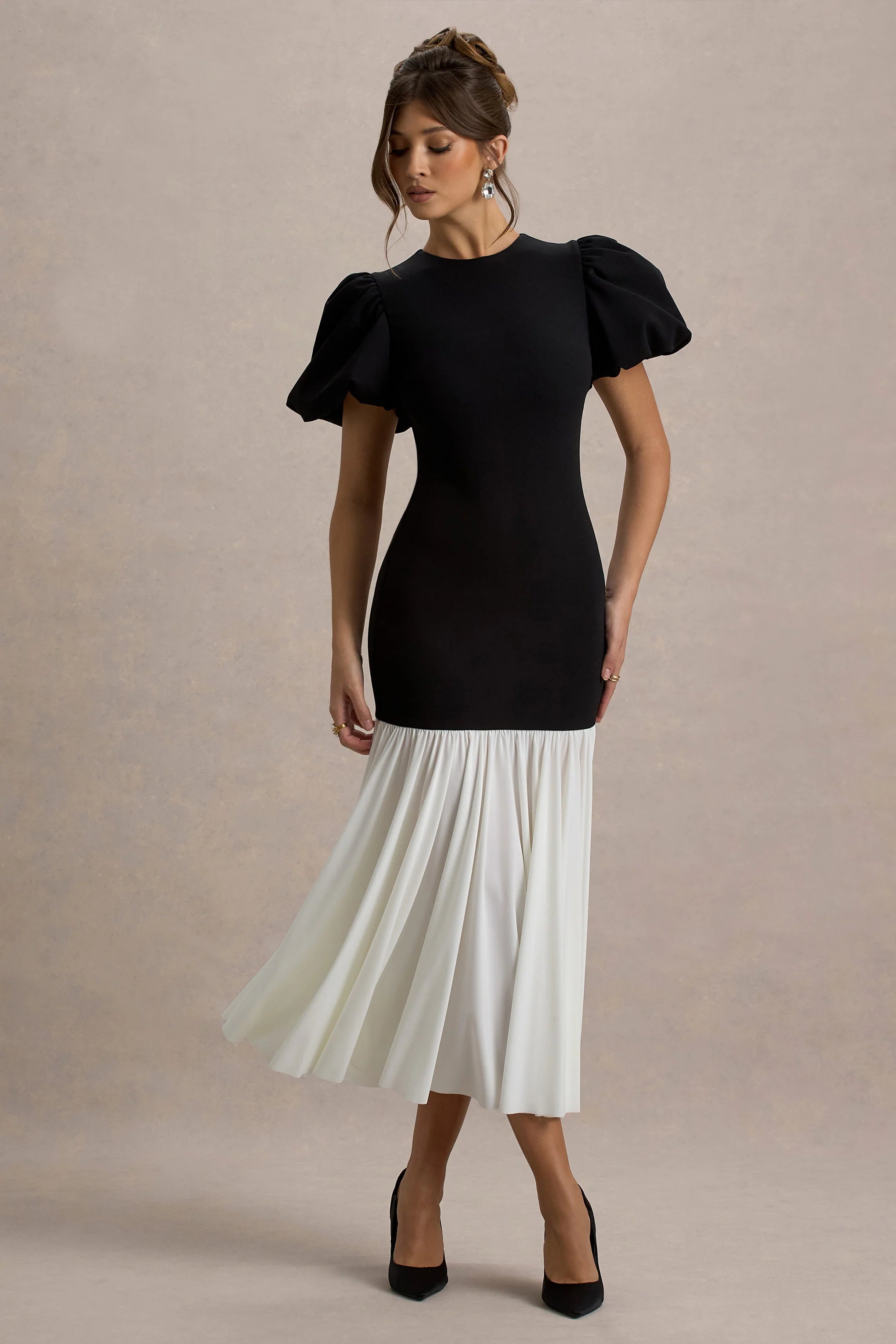 Cinzia Black White Puff Sleeve Volume Hem Midi Dress