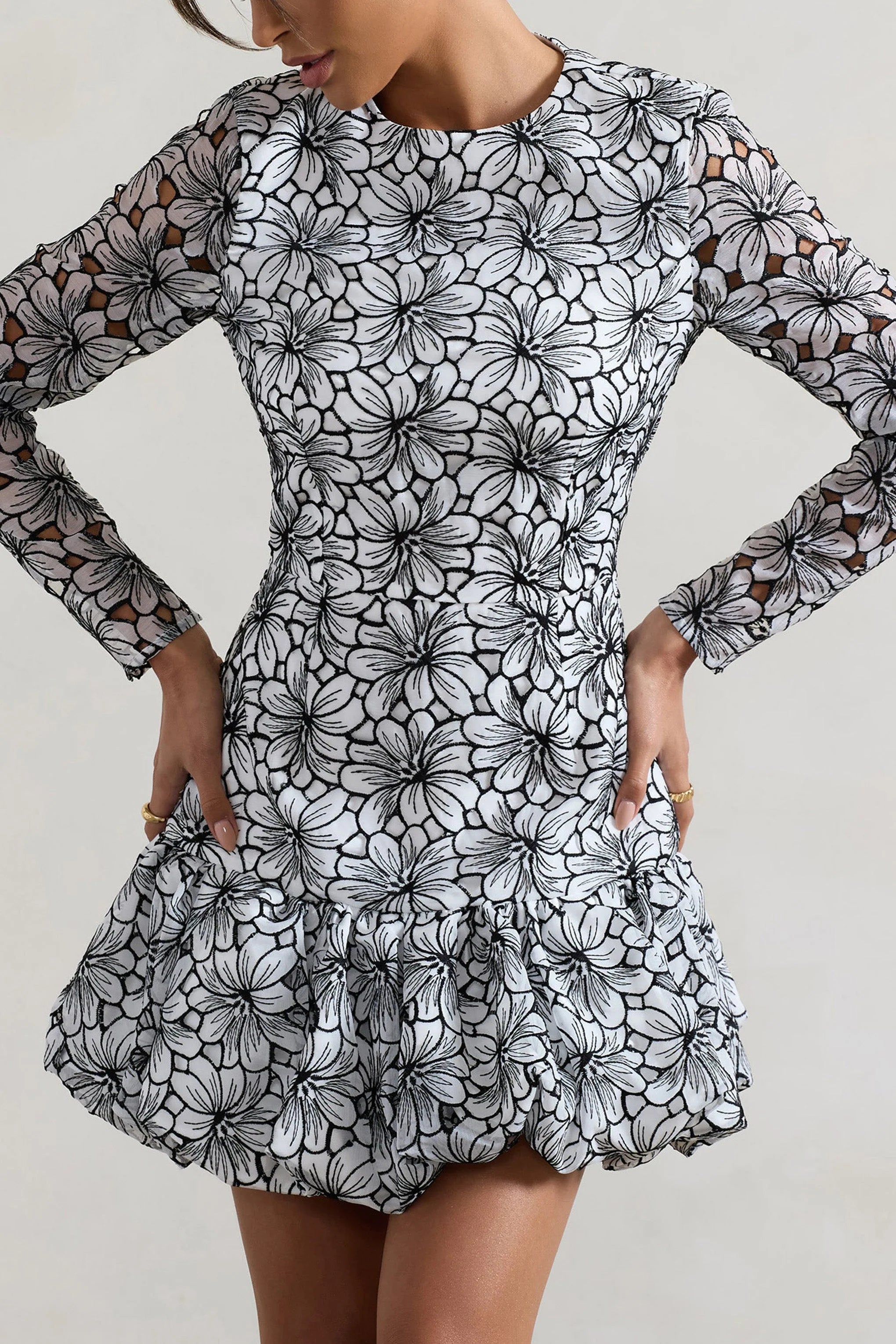 Claribel Black White Lace Long Sleeve Mini Dress With Ruffle Hem