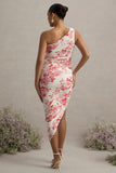 Late Night Pink Floral Print Maternity Ruched One Shoulder Midi Dress