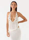 Adelaida Beaded Crochet Top Ivory
