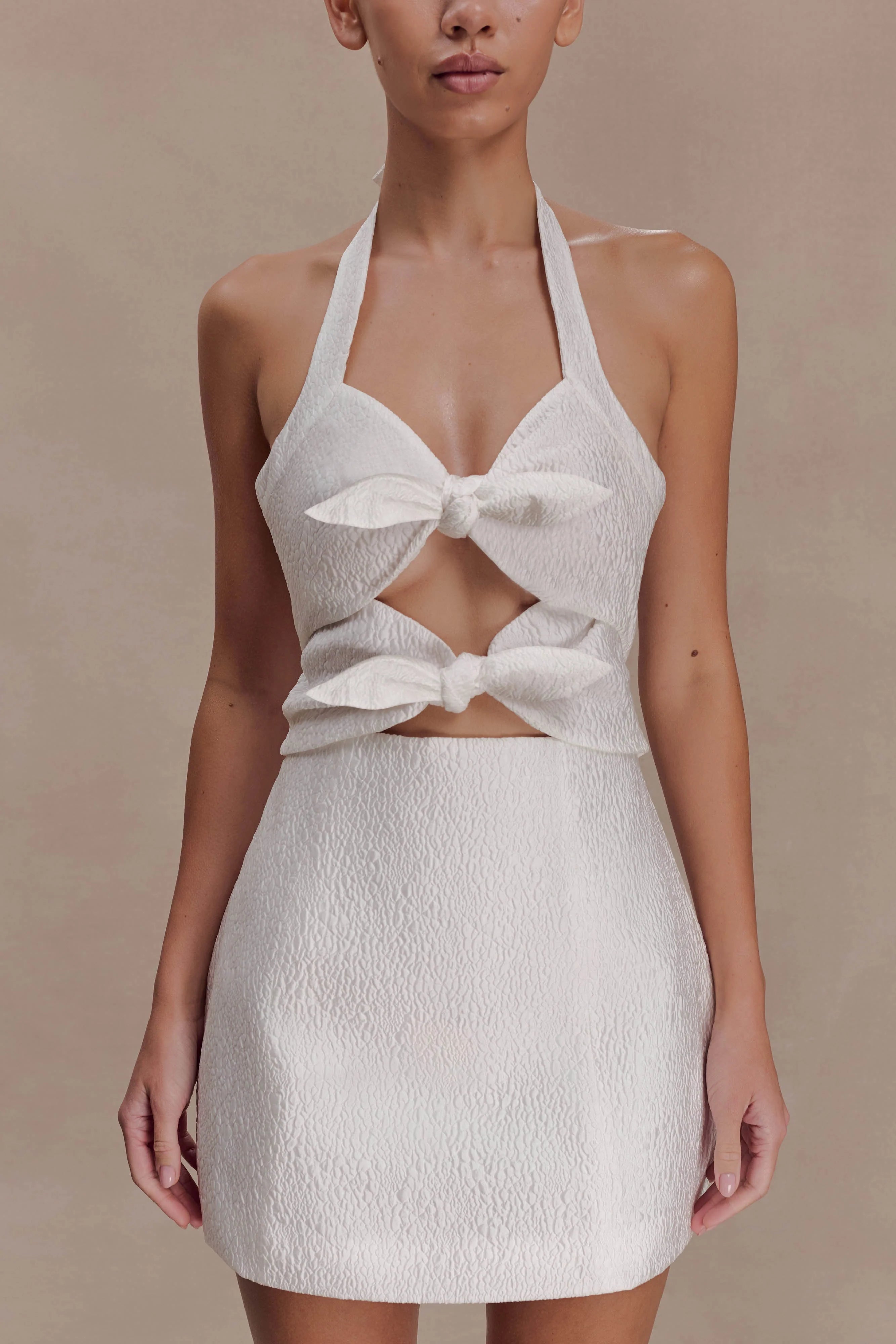 Ella Bow Detail Halter Mini Dress White