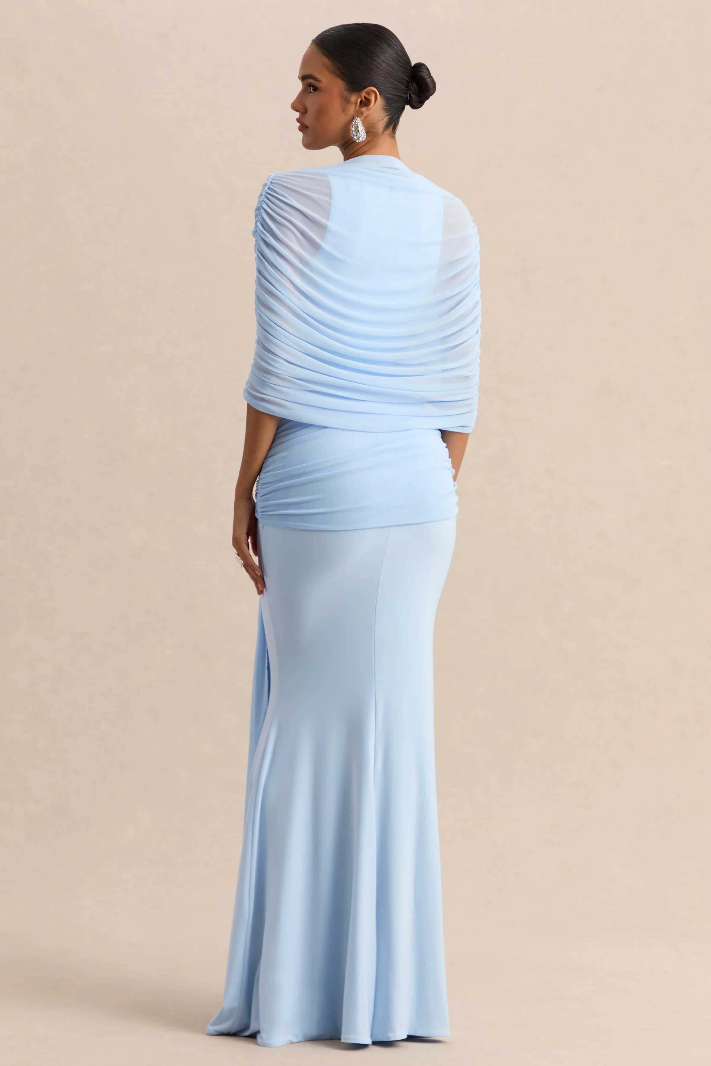 Mirene Powder Blue Round Neck Maxi Dress With Gathered Detailing And Sash