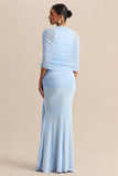 Mirene Powder Blue Round Neck Maxi Dress With Gathered Detailing And Sash