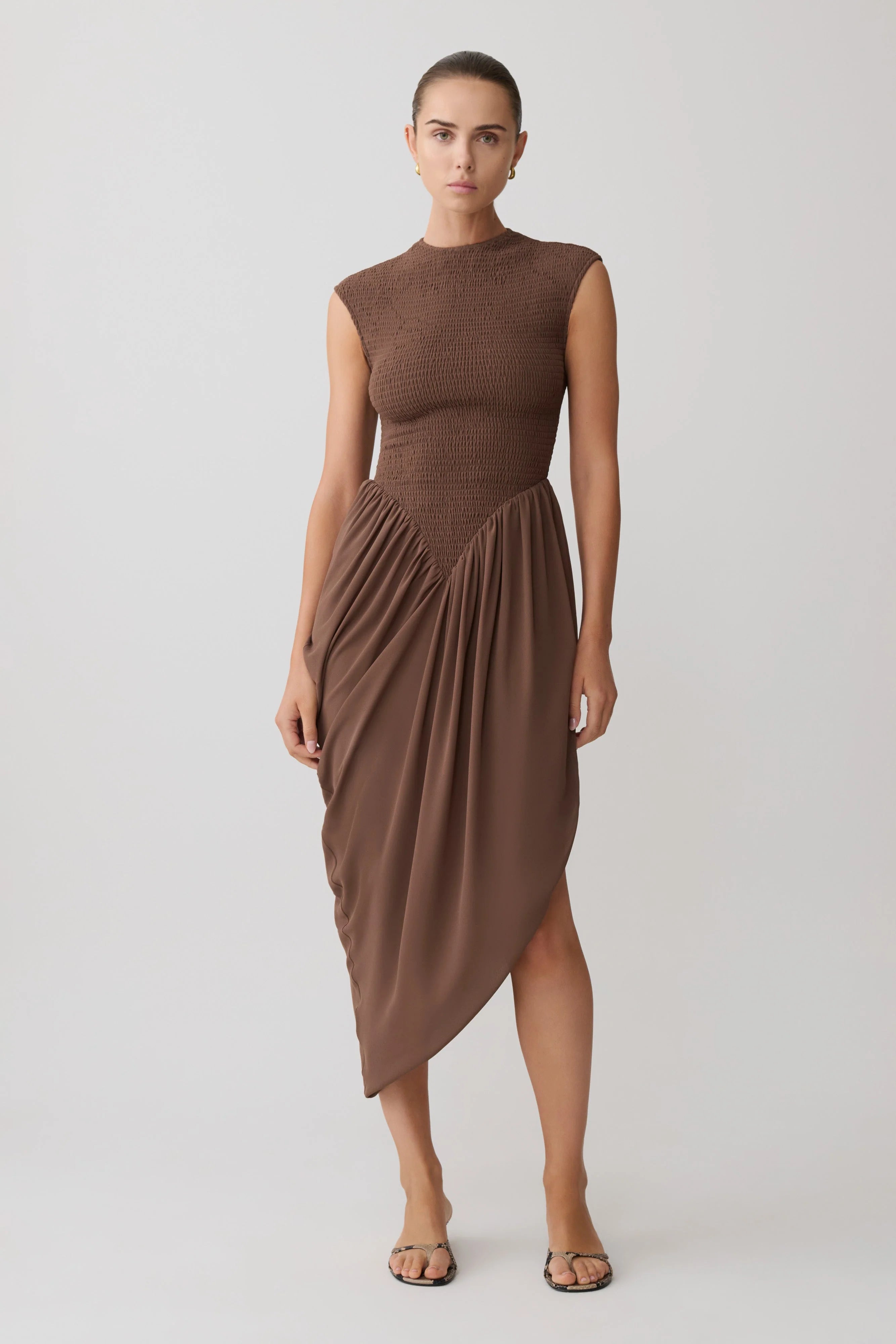 Nola Shirred Asymmetric Midi Dress Mocha