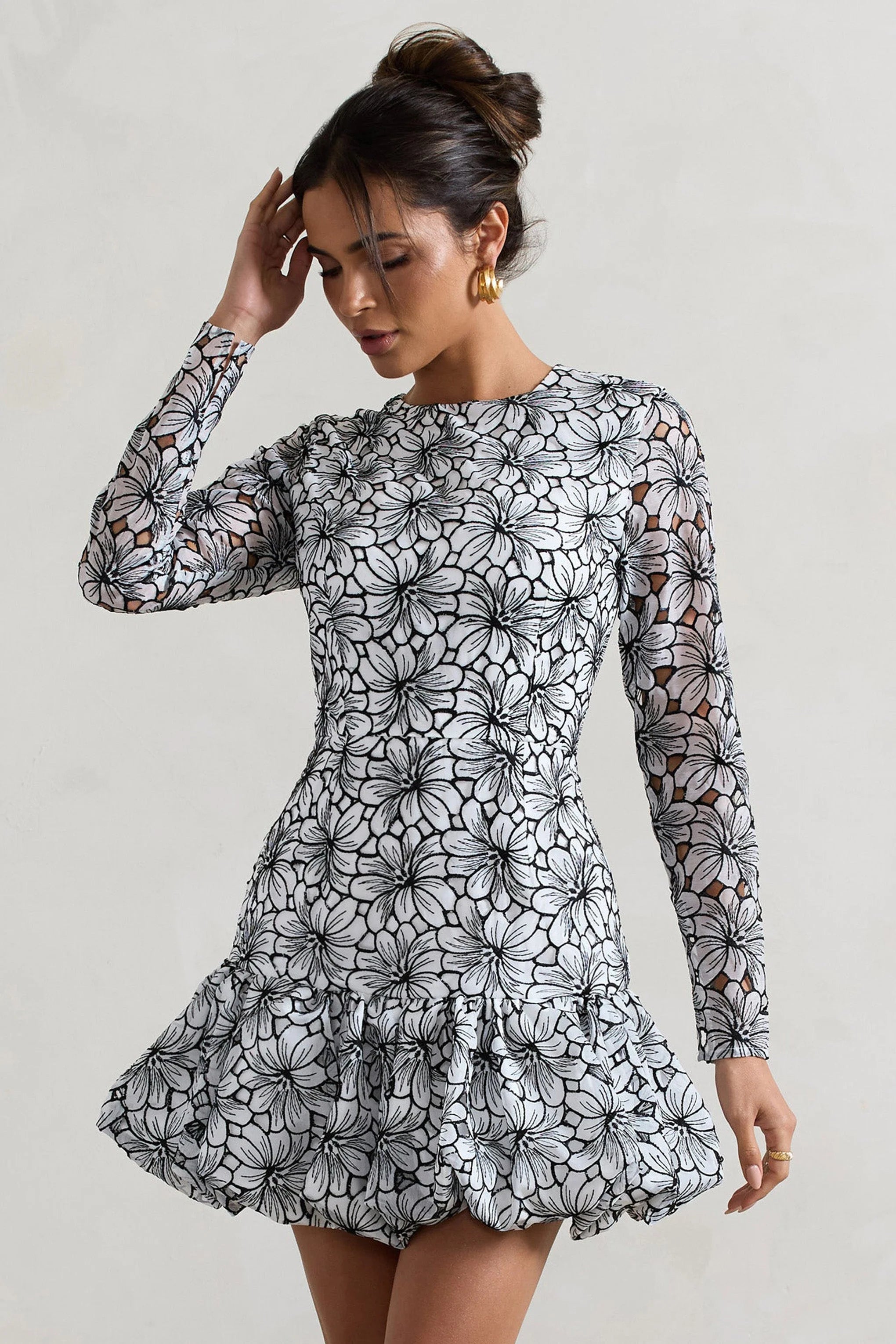 Claribel Black White Lace Long Sleeve Mini Dress With Ruffle Hem