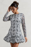 Claribel Black White Lace Long Sleeve Mini Dress With Ruffle Hem