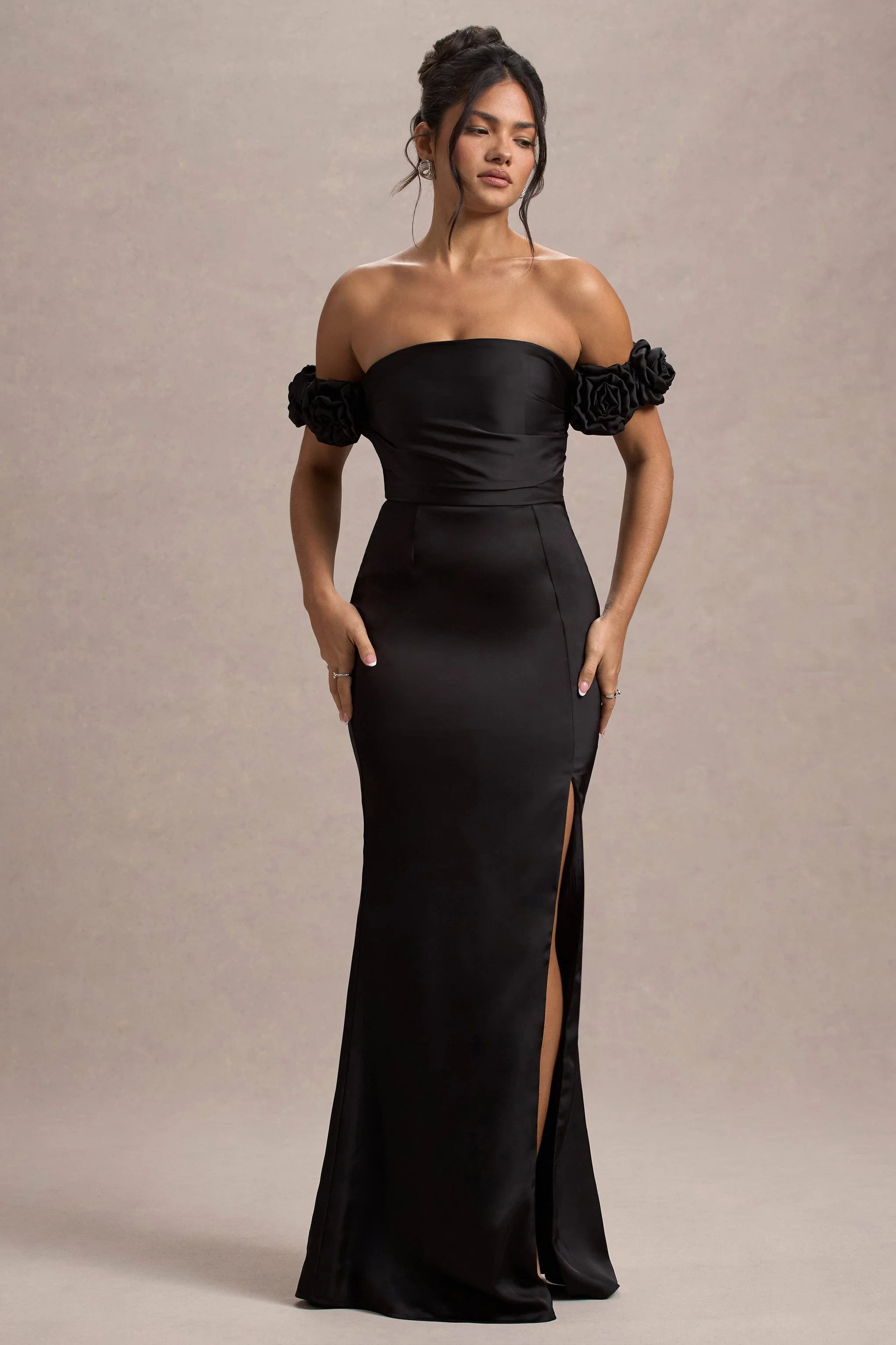 Senseless Black Satin Floral Bardot Maxi Dress