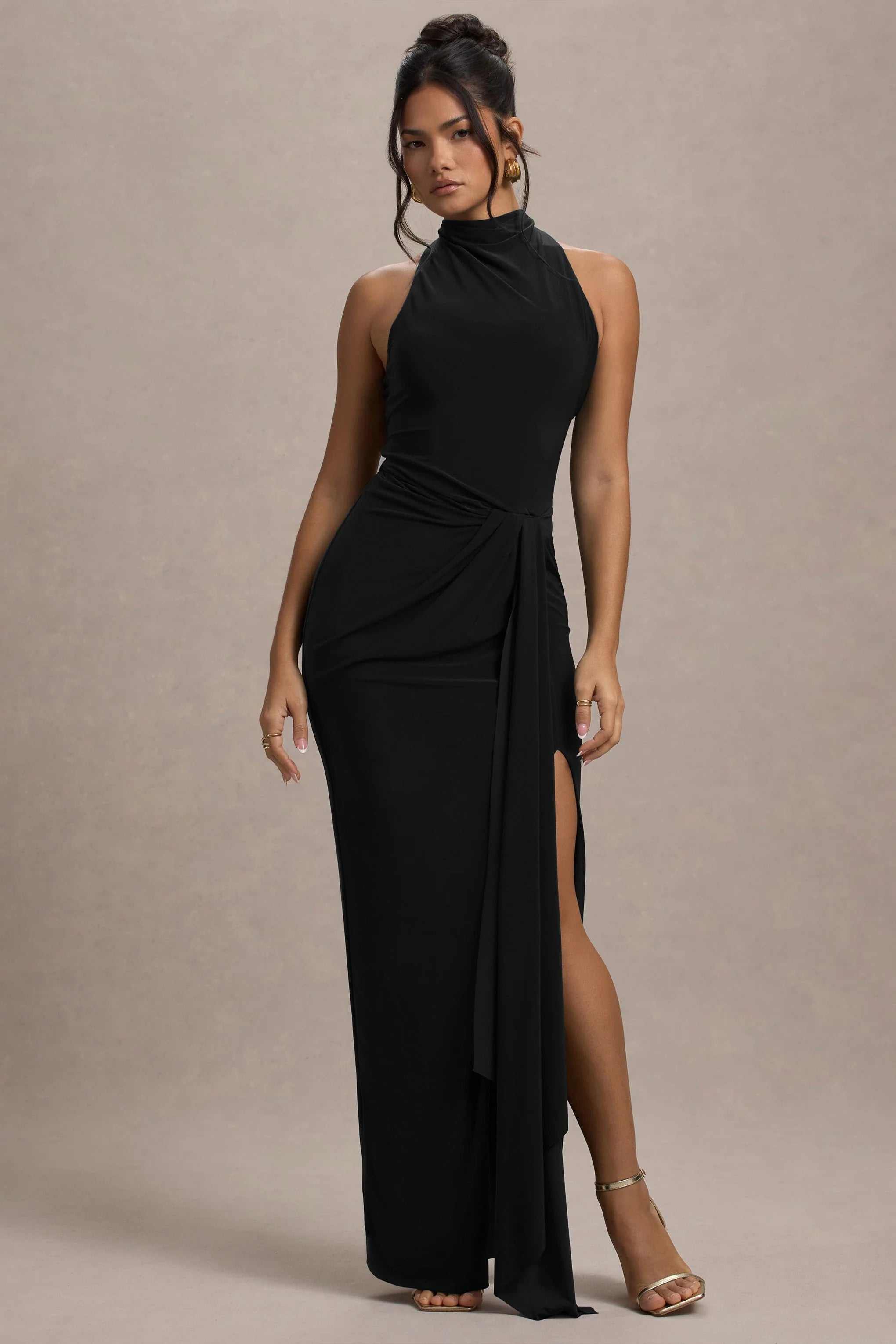 Khari Black High Neck Twisted Maxi Dress With Drape