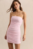 Merisse Light Pink Bandeau Mini Dress With Ruched Detailing