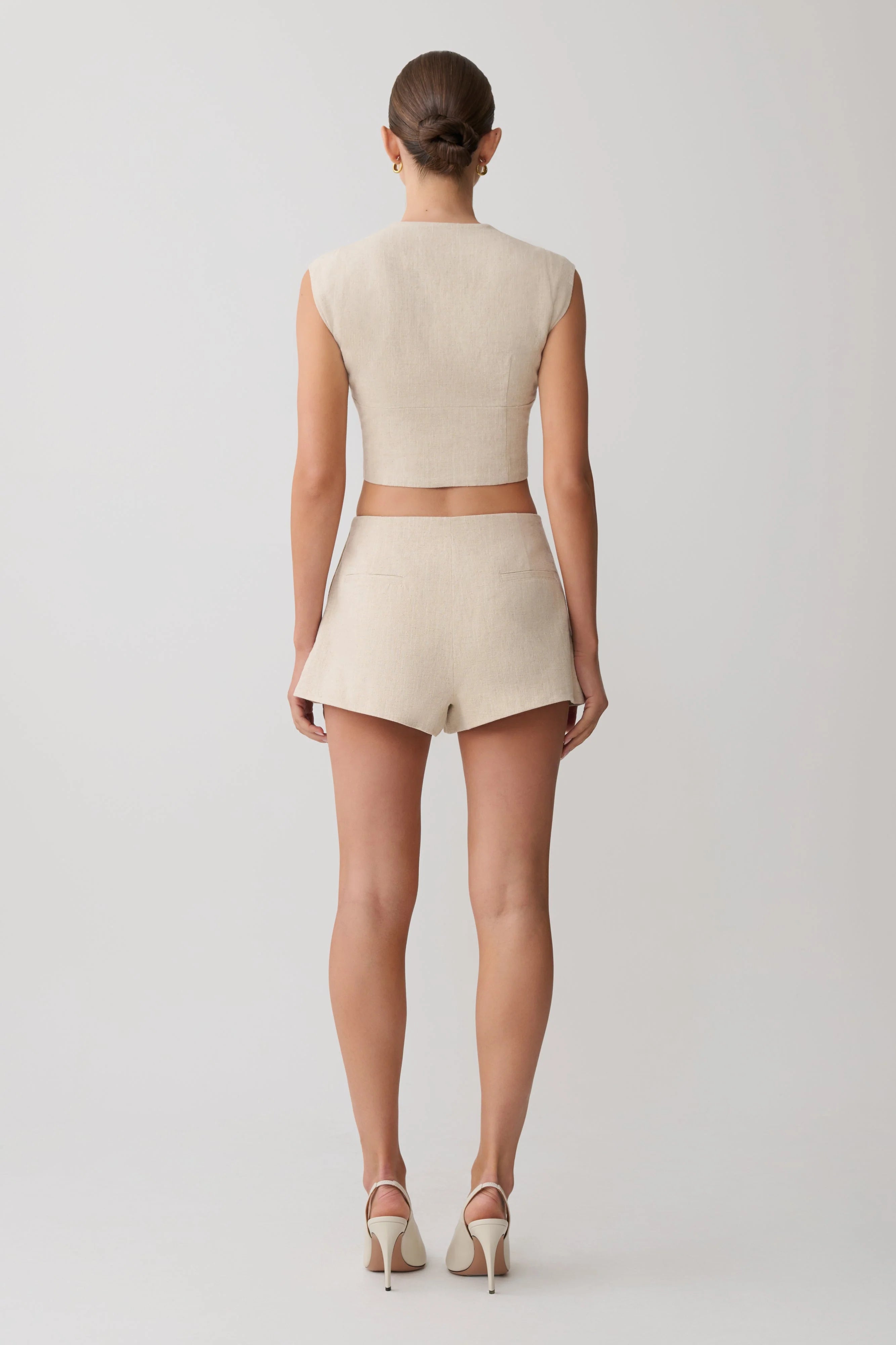 Anahita Linen Front Bows Short Sleeve Top Natural