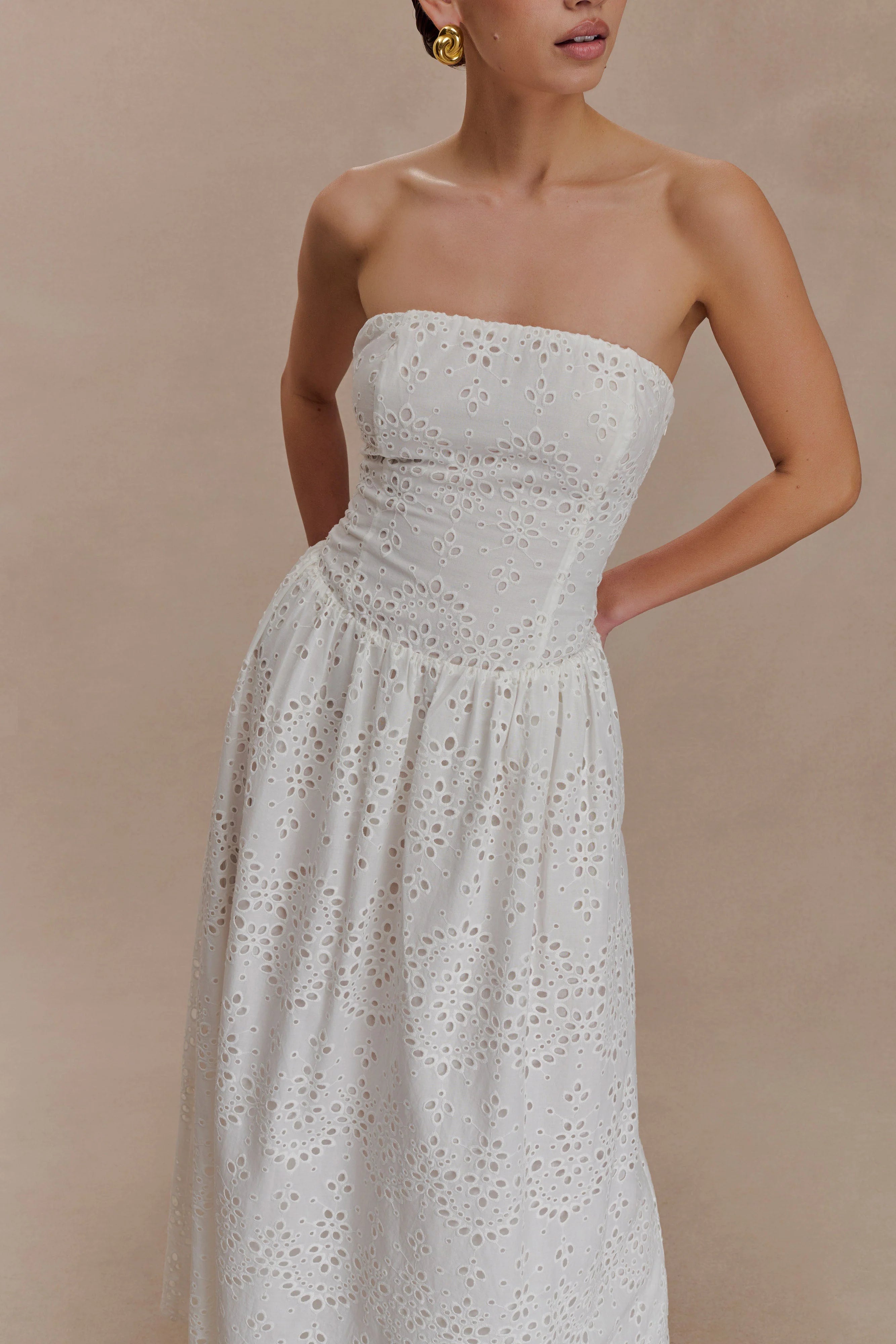 Maureen Broderie Strapless Maxi Dress White