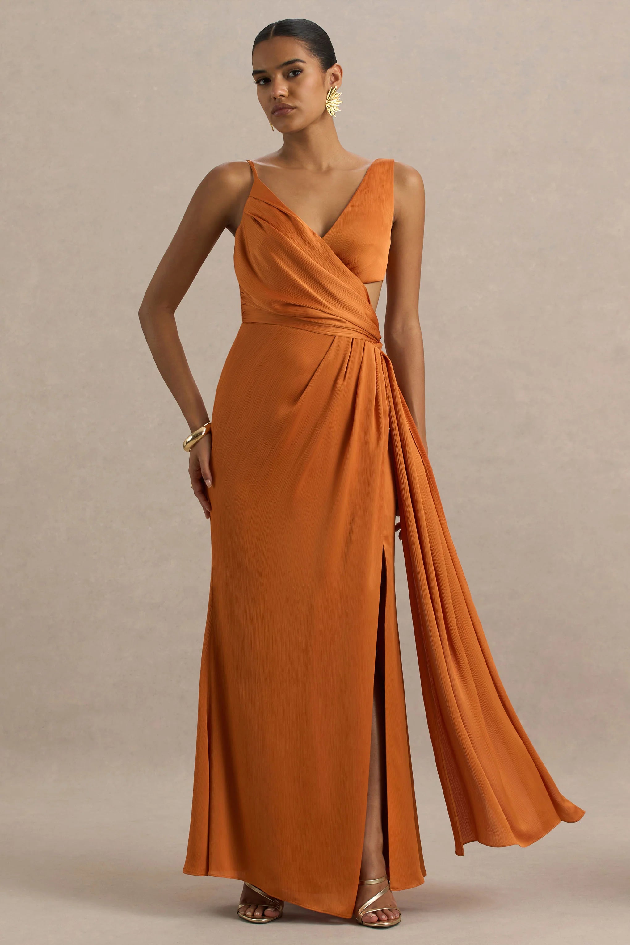 Livia Orange Plunge Neck Fishtail Maxi Dress