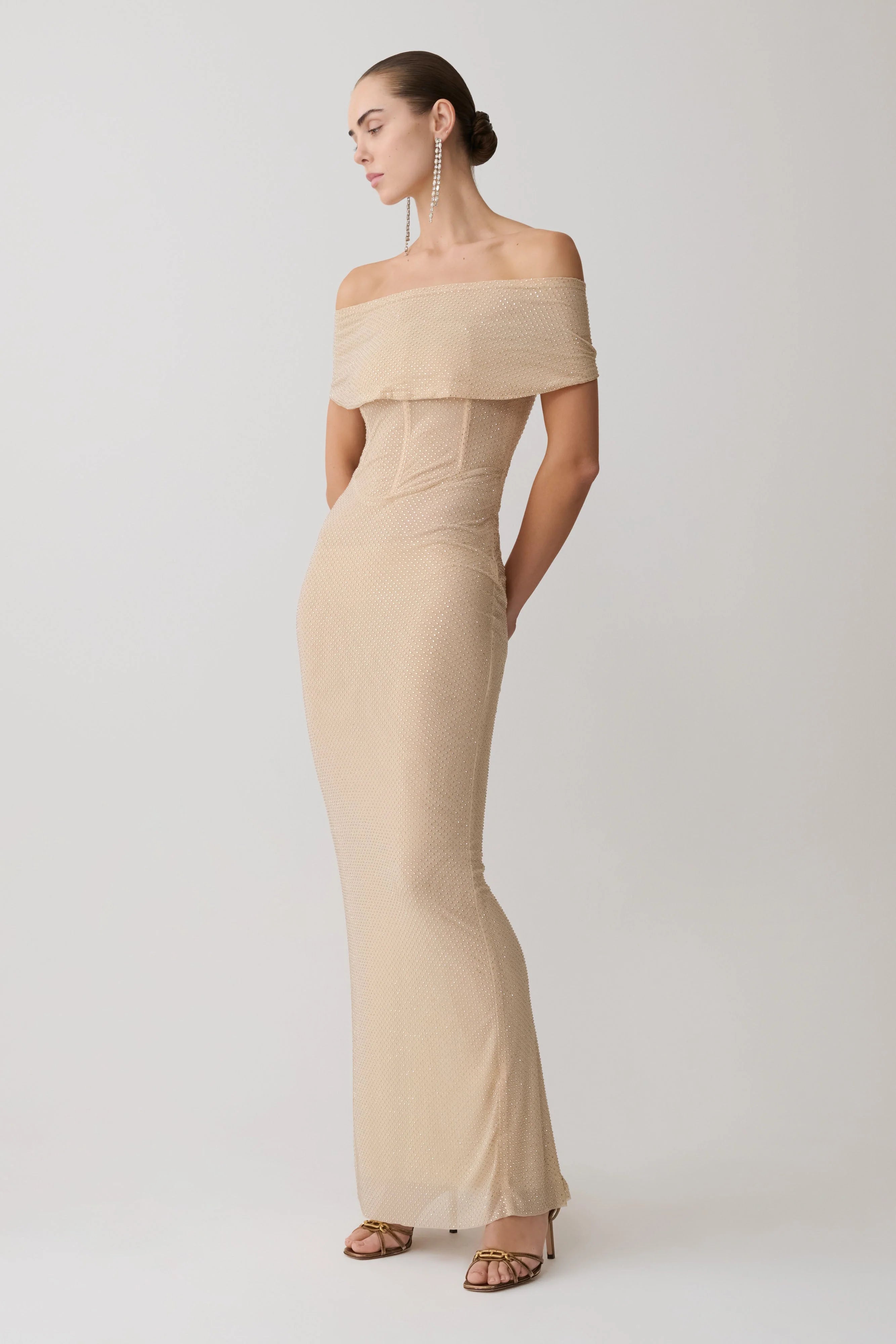 Phi Multi Wear Cowl Diamante Maxi Dress Gold