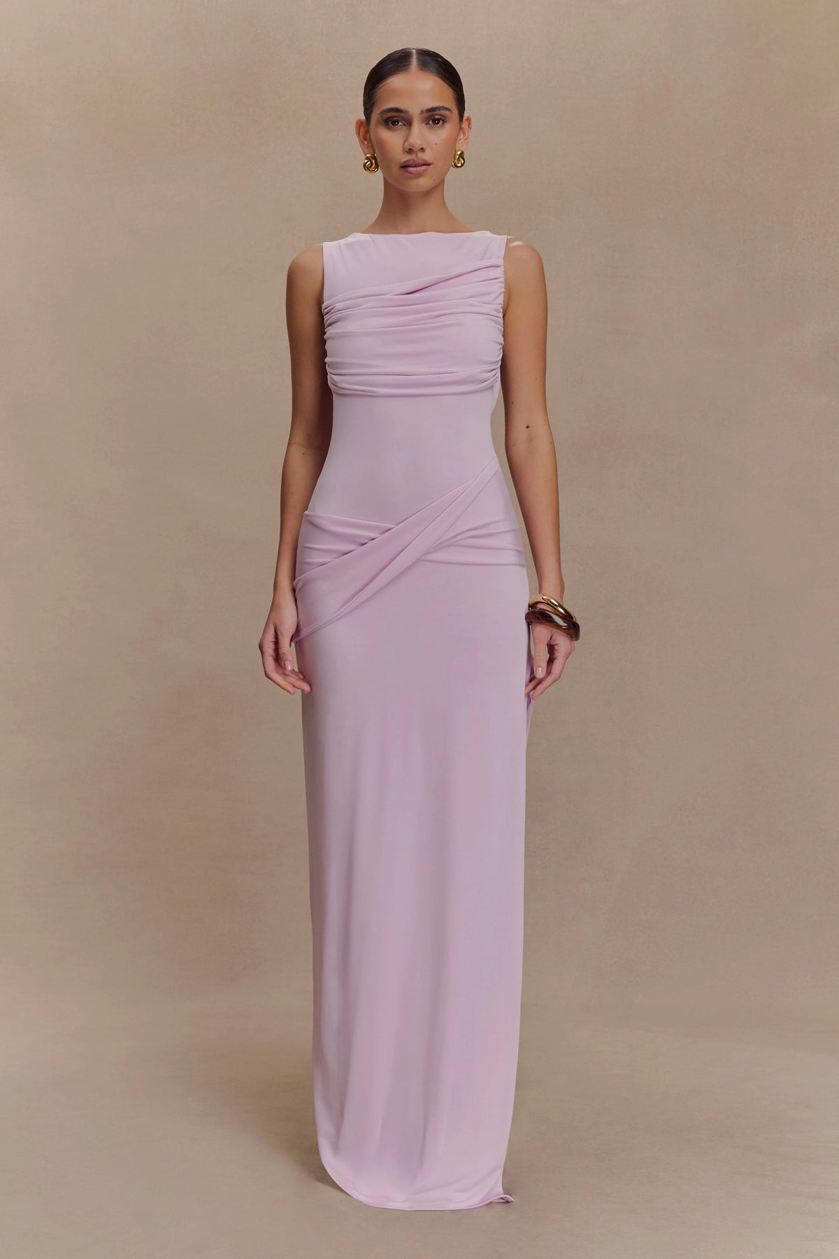 Henley Slinky Drape Maxi Dress Baby Pink