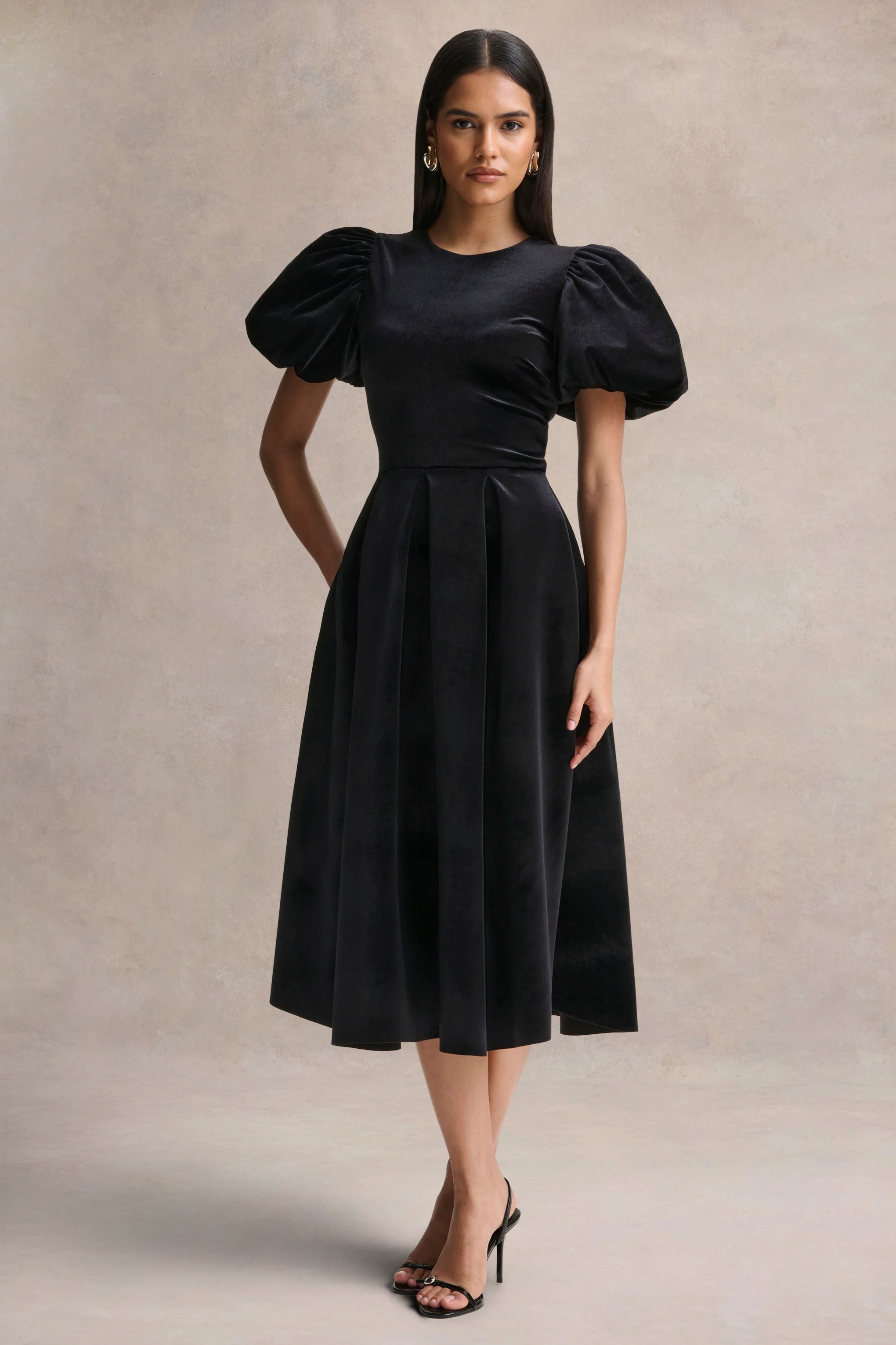 Seraphic Black Velvet Puff Sleeve Midi Dress