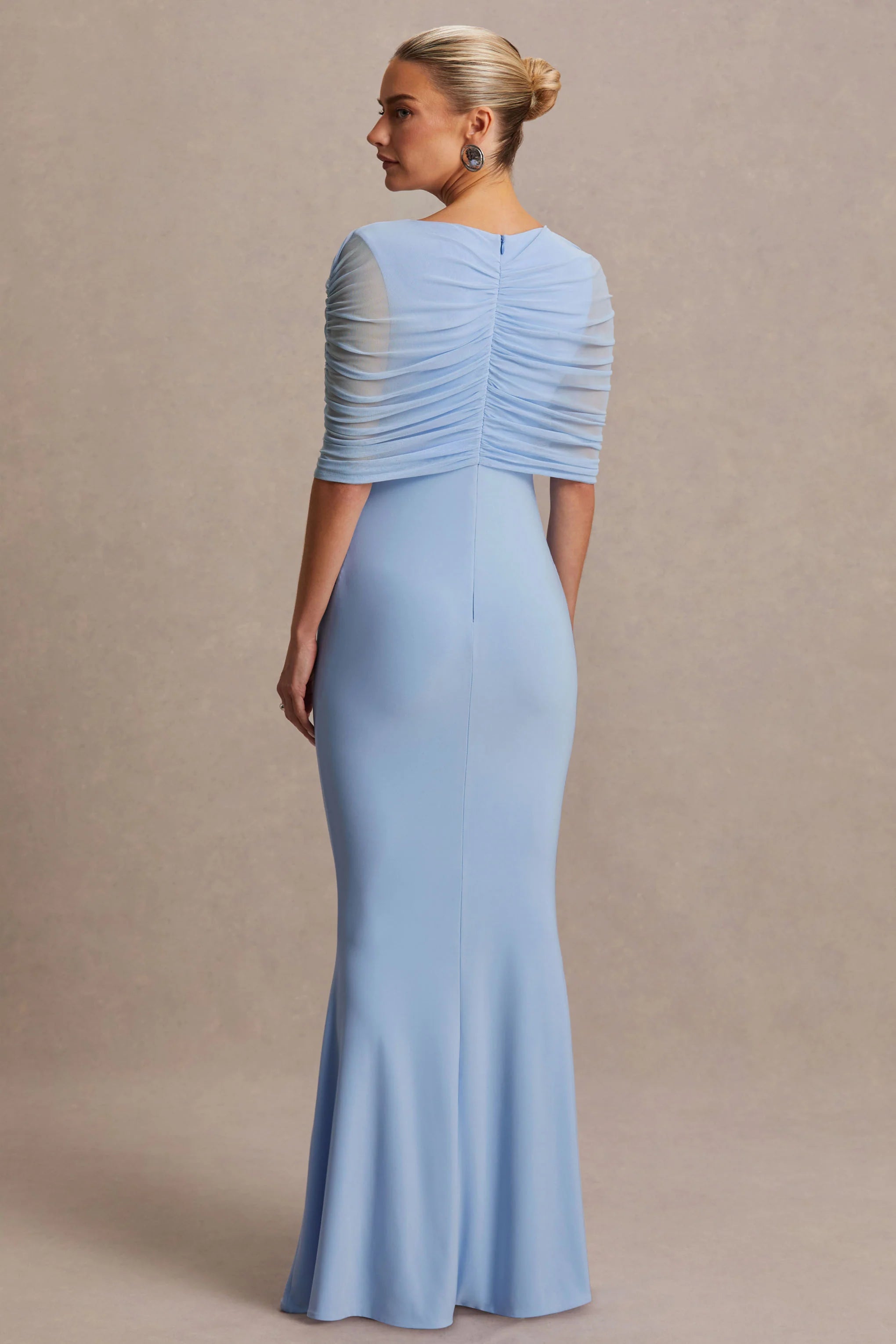Zaria Powder Blue Crew Neck Maternity Maxi Dress With Cape Overlay