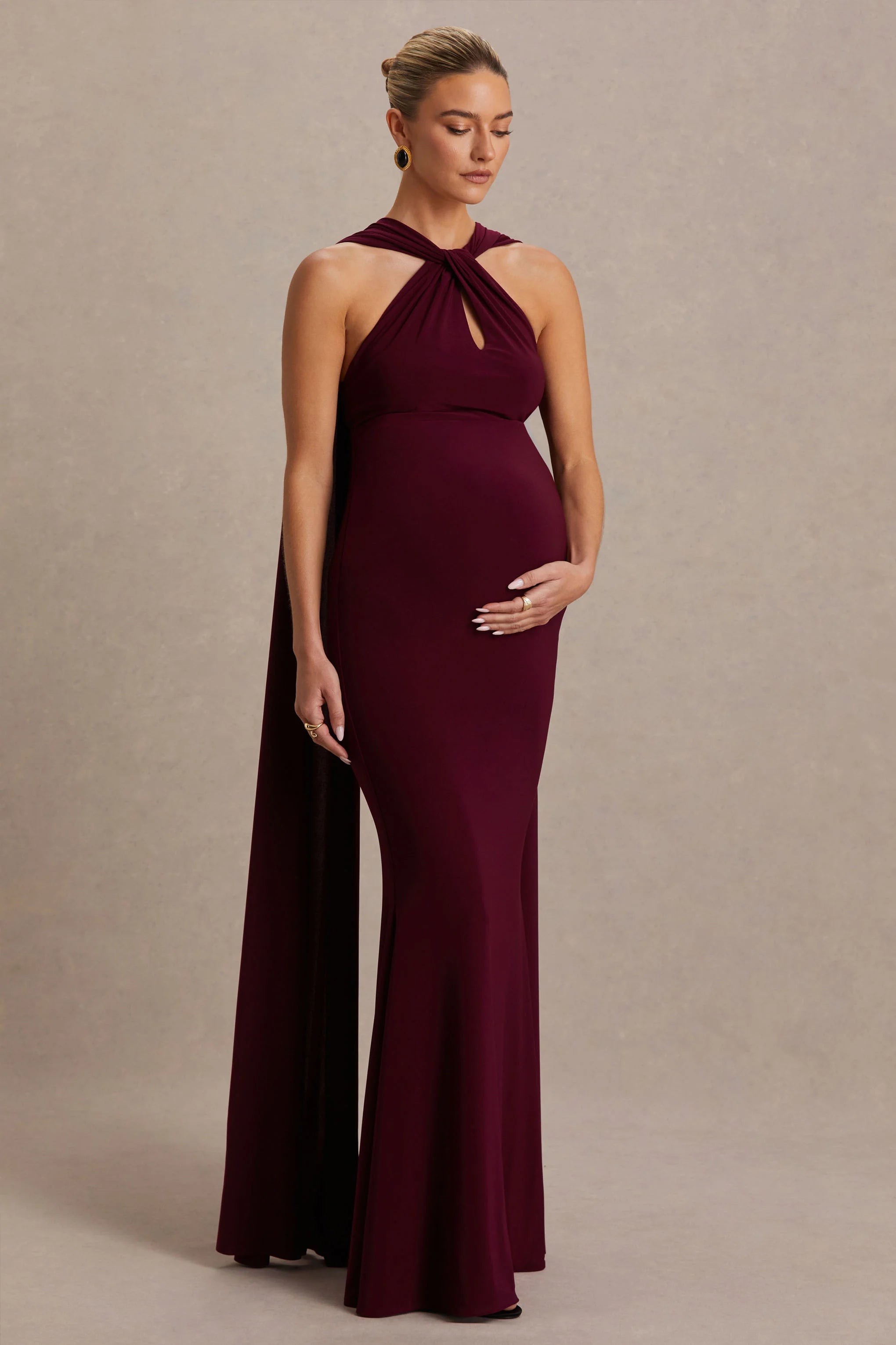 Lyra Burgundy Cross Halter Neck Maternity Maxi Dress With Cape