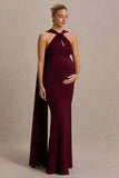 Lyra Burgundy Cross Halter Neck Maternity Maxi Dress With Cape