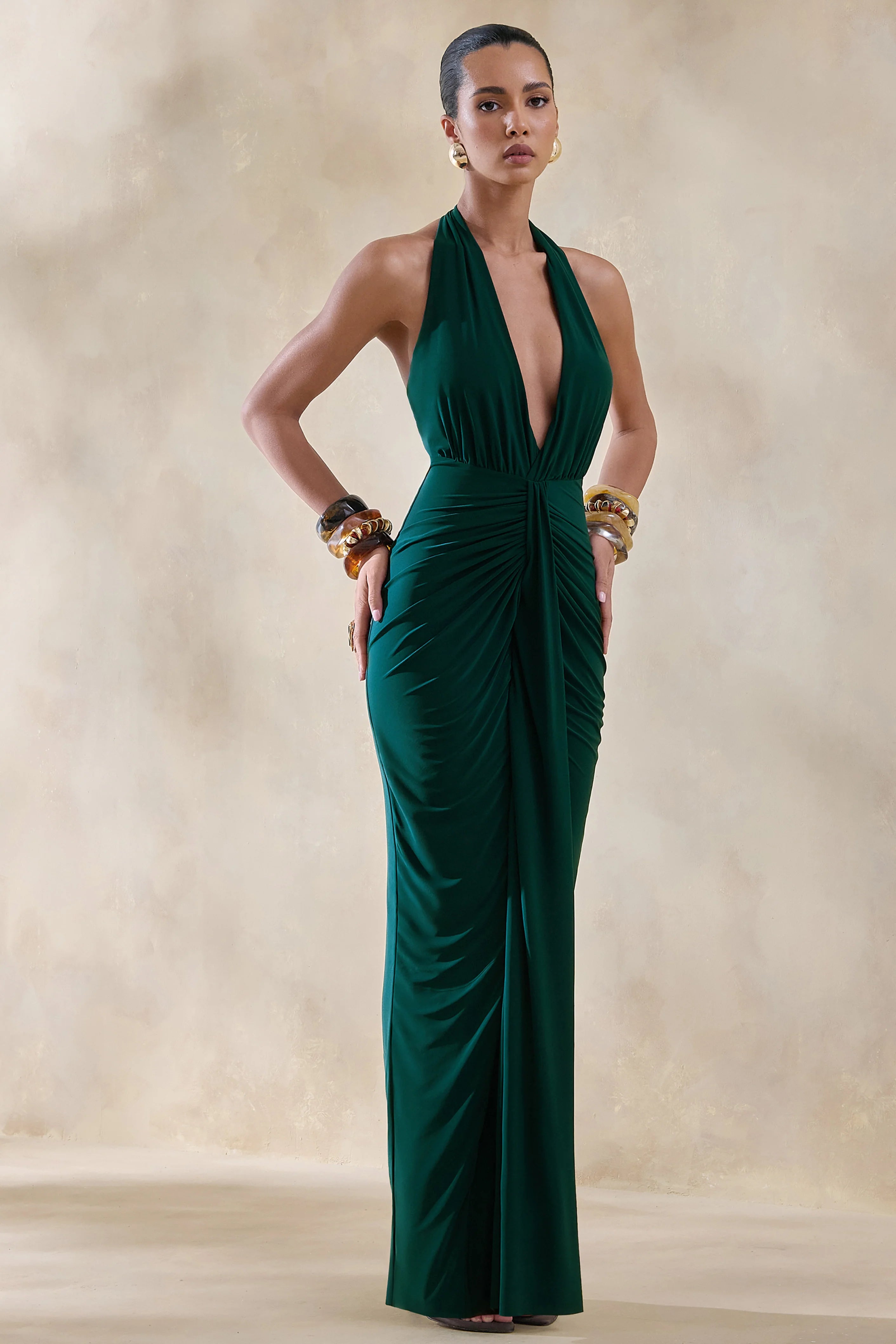 Lesley Bottle Green Plunge Neck Maxi Dress