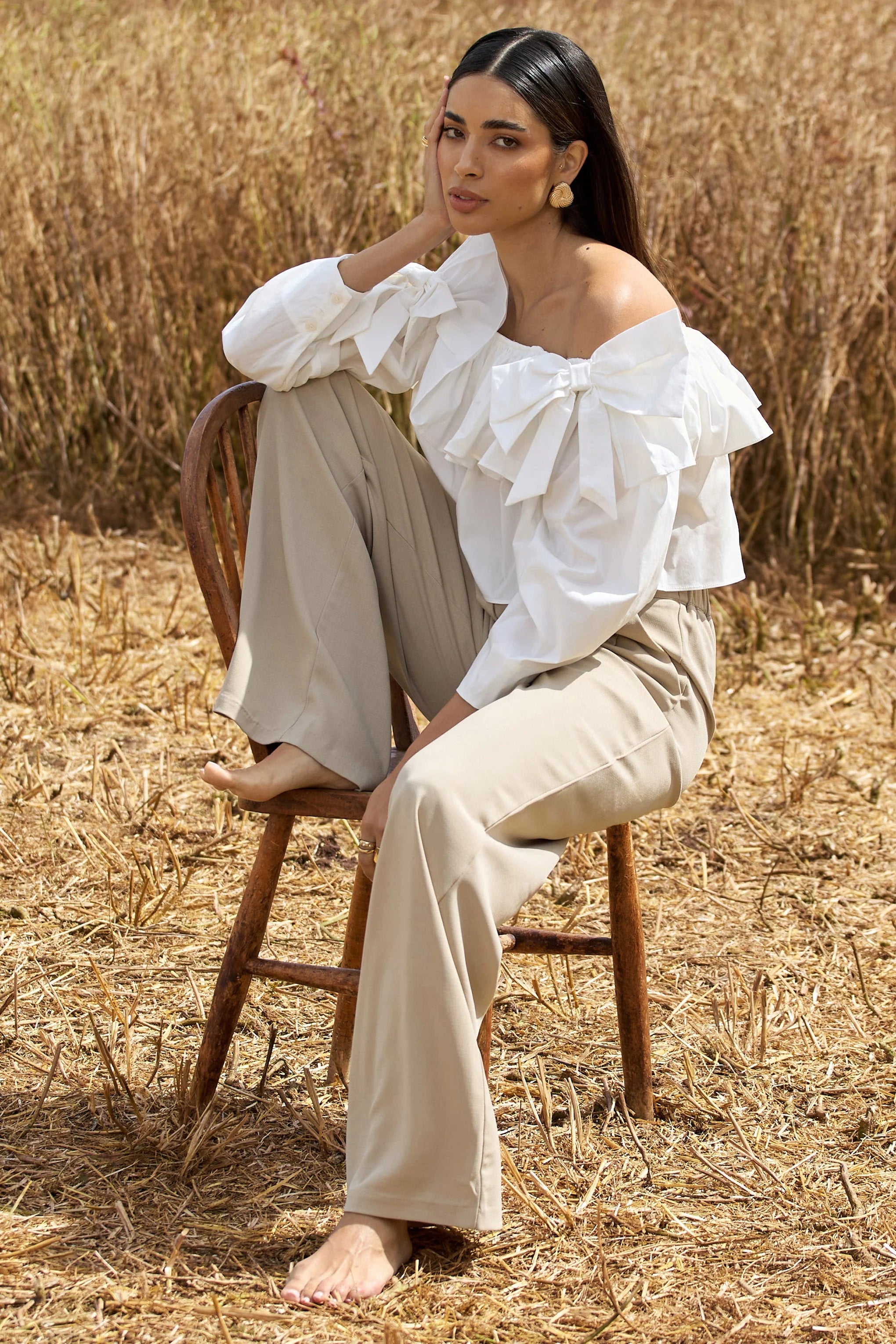 Cove White Bardot Puff Sleeve Ruffle Top With Bows