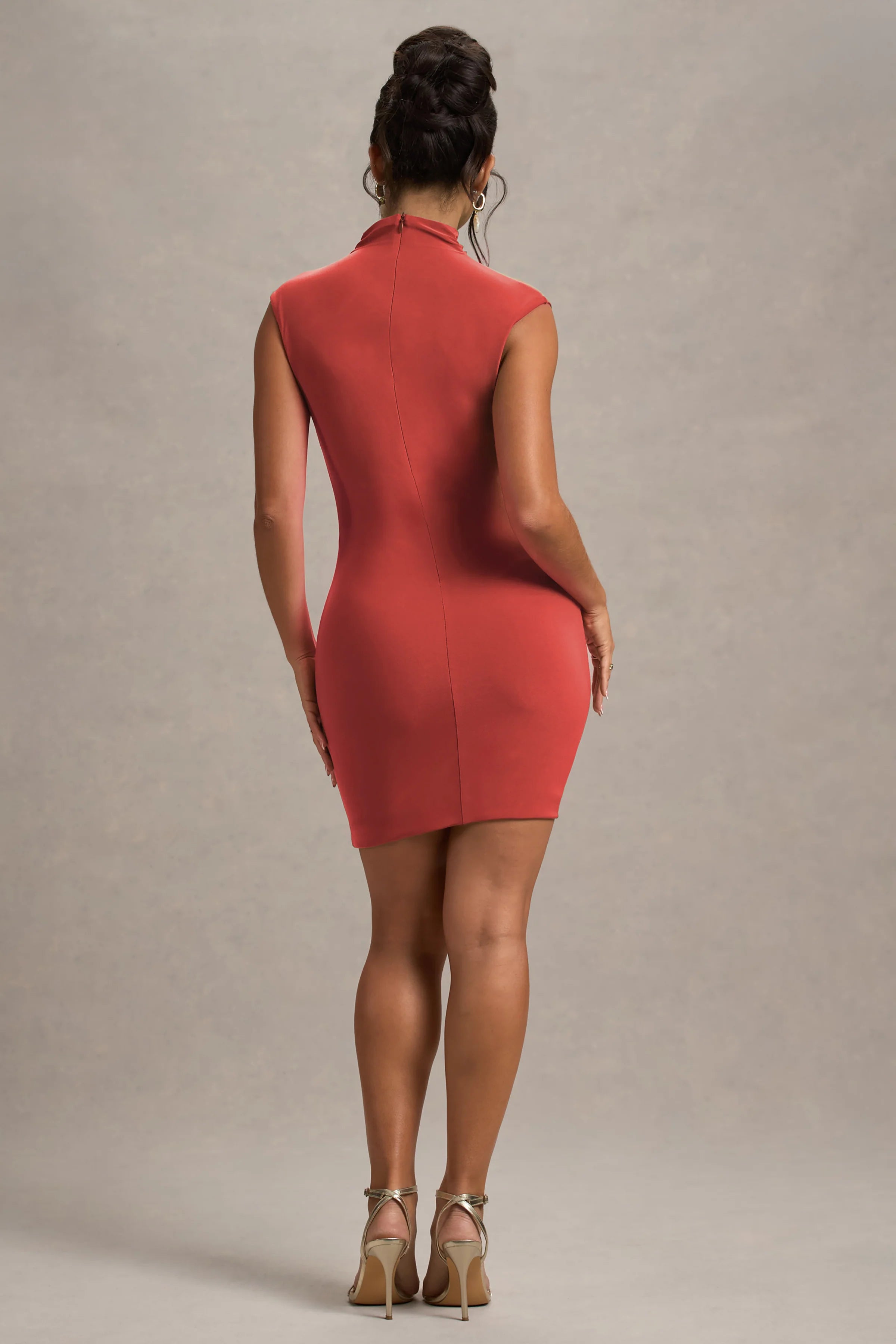 Lalani Rust Ruched High Neck Mini Dress