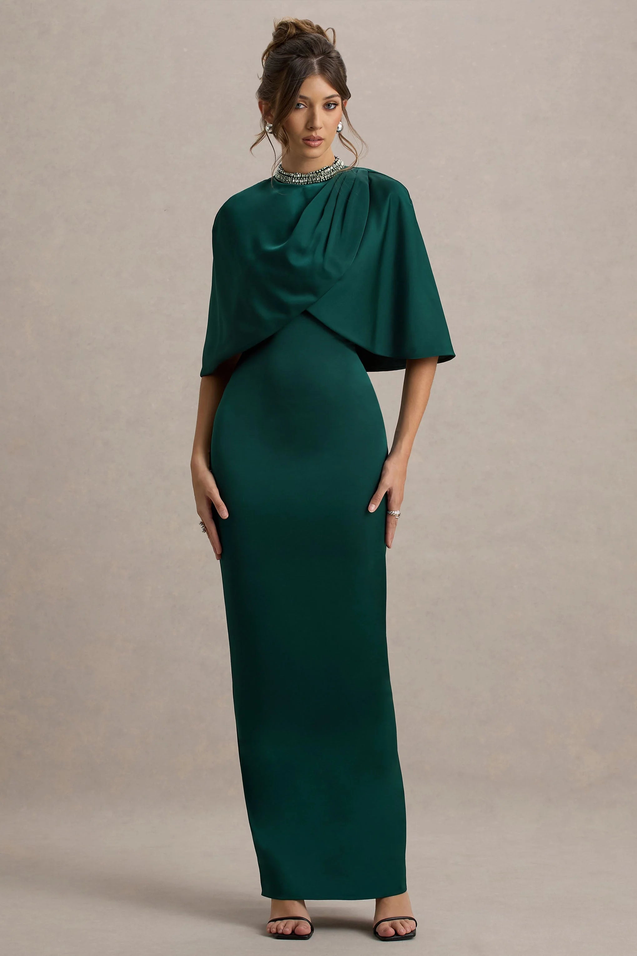 Diletta Bottle Green Cape Maxi Dress