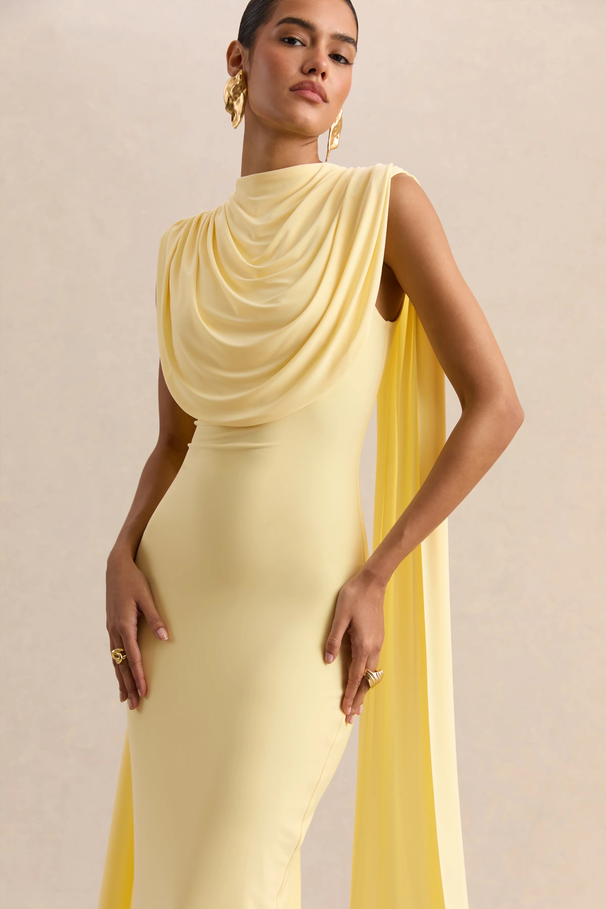 Patrina Lemon High Neck Maxi Dress With Draped Detailing And Cape Sleeves