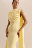 Patrina Lemon High Neck Maxi Dress With Draped Detailing And Cape Sleeves