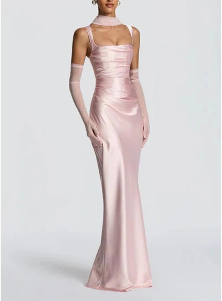 Women Wedding Guest Dress Satin Corset Top Elegant Maxi Dresses with Sheer Scarf Evening Gown