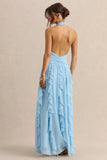 Bea Powder Blue Plunge Neck Ruffled Maxi Dress