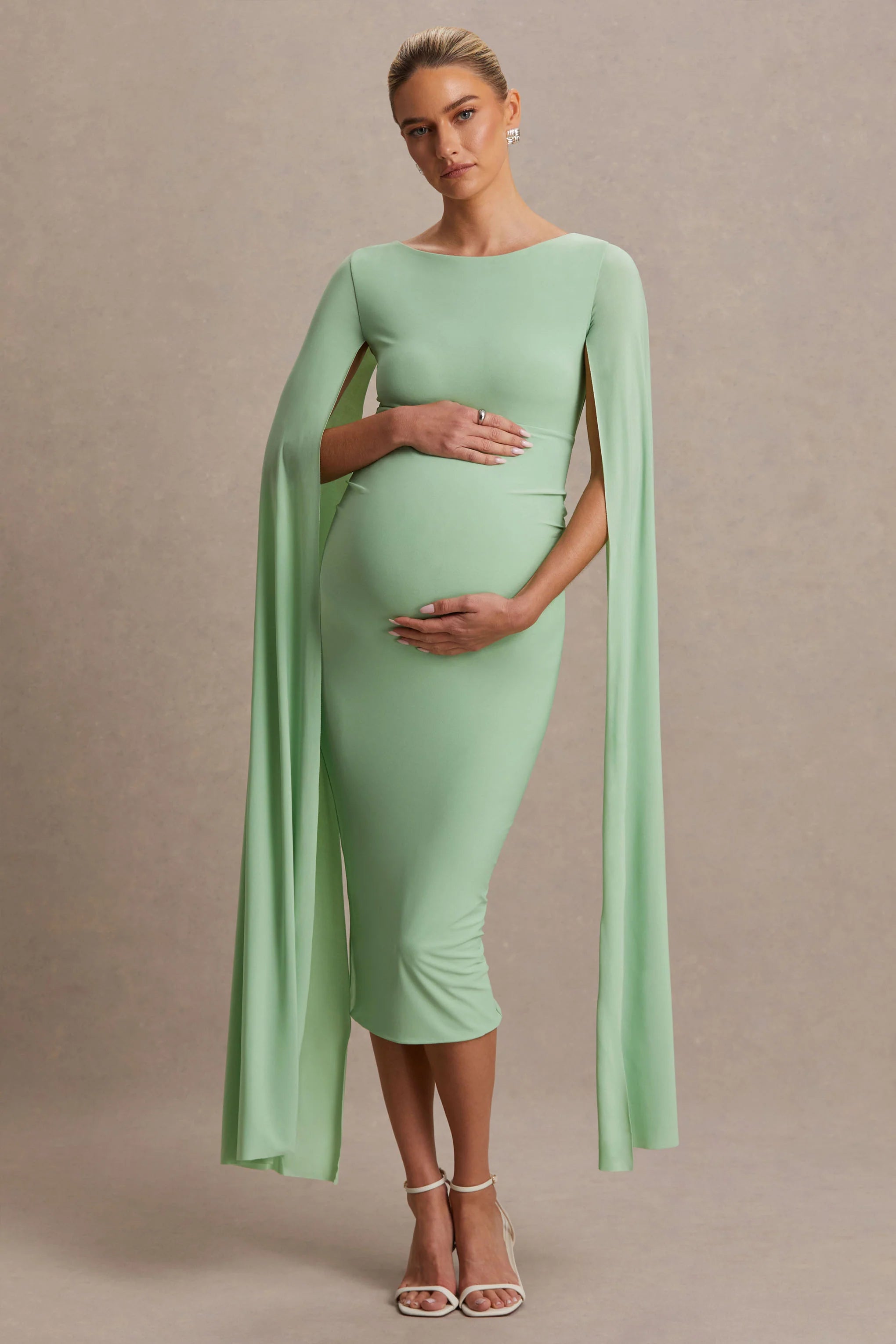 Providence Light Green High Neck Maternity Midi Dress With Cape Sleeves