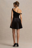 Leticia Black Asymmetric Neck Velvet Mini Dress With Twist Sleeve