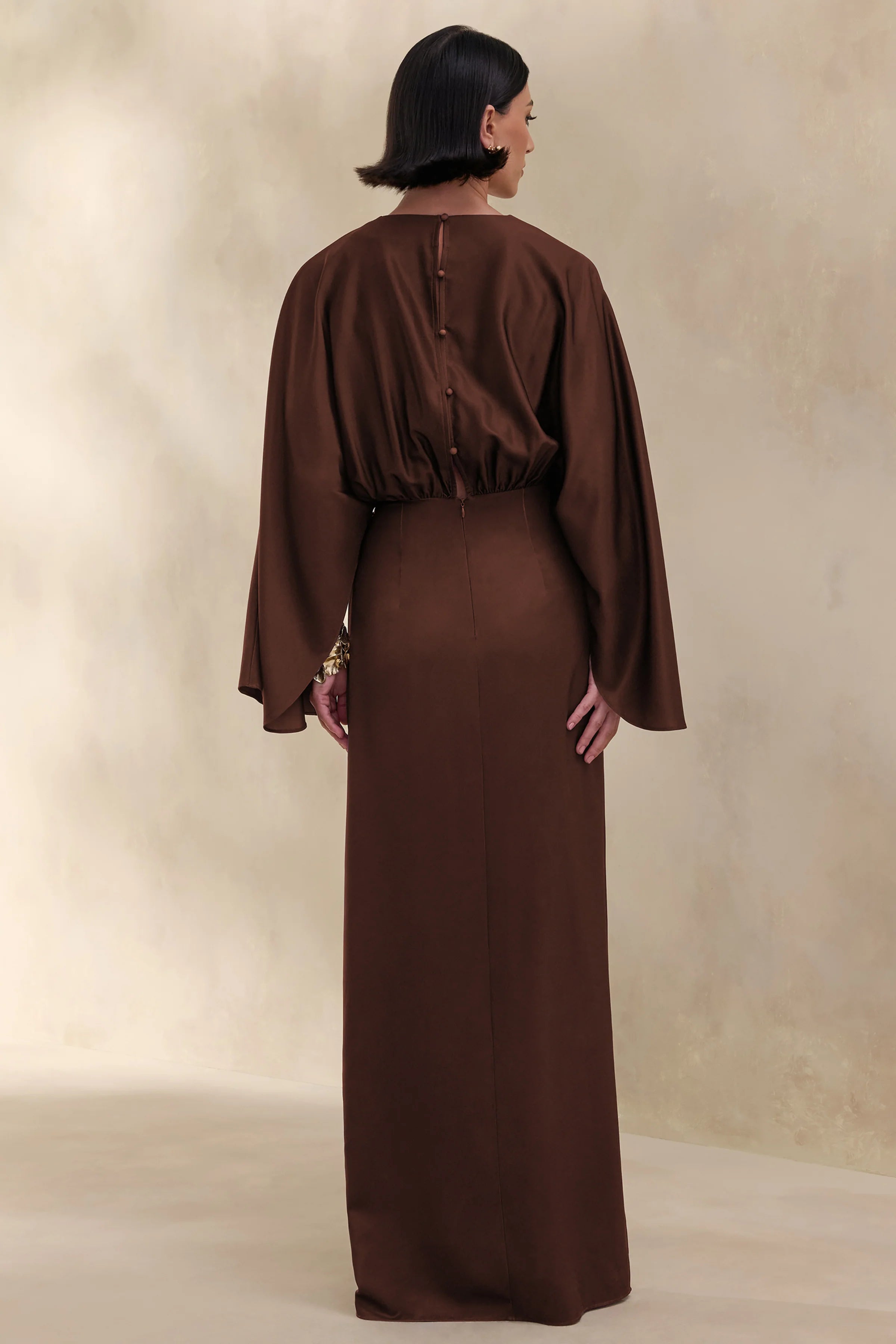 Delphina Brown Satin Maxi Dress With Gathered And Knot Detail