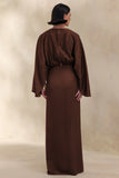 Delphina Brown Satin Maxi Dress With Gathered And Knot Detail
