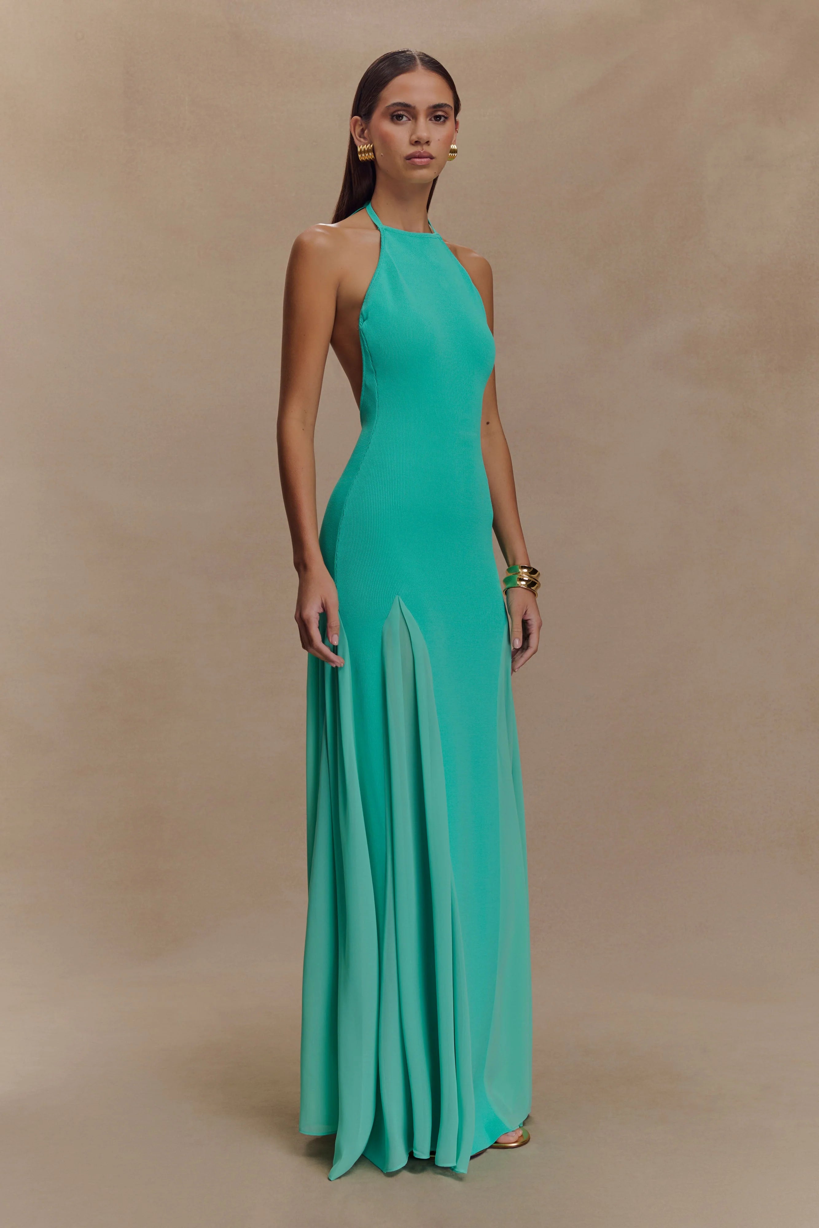 Soleil Knit And Mesh Halter Maxi Dress Lagoon