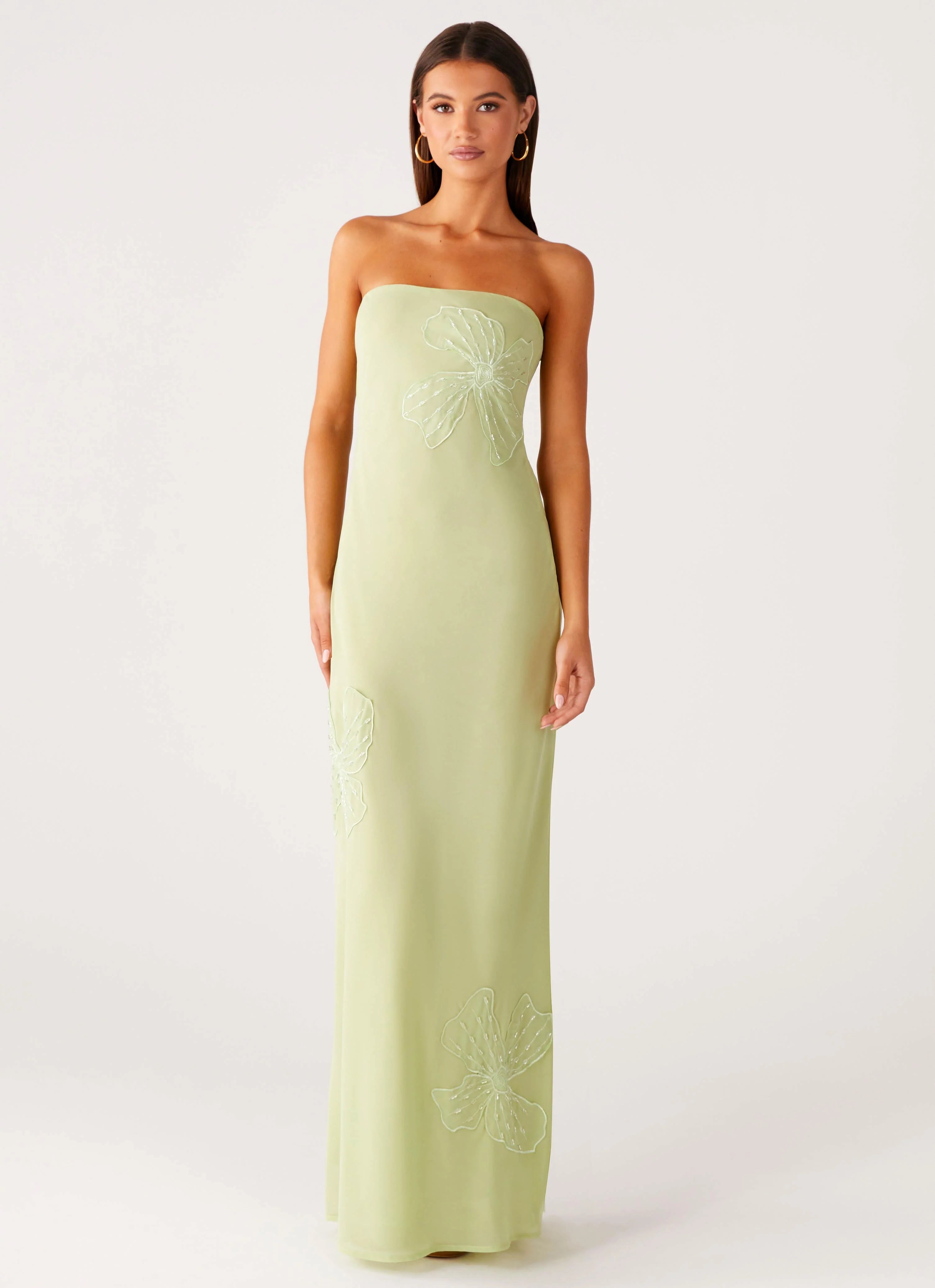Sassafras Beaded Flower Strapless Maxi Dress Lime