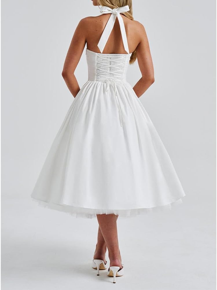 Women Halter Midi Dress Corset Back Layered Tulle Skirt A Line Formal Dresses Wedding Guest Bridal Shower