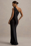 Here For Love Black Satin Asymmetric Maxi Dress With Bow