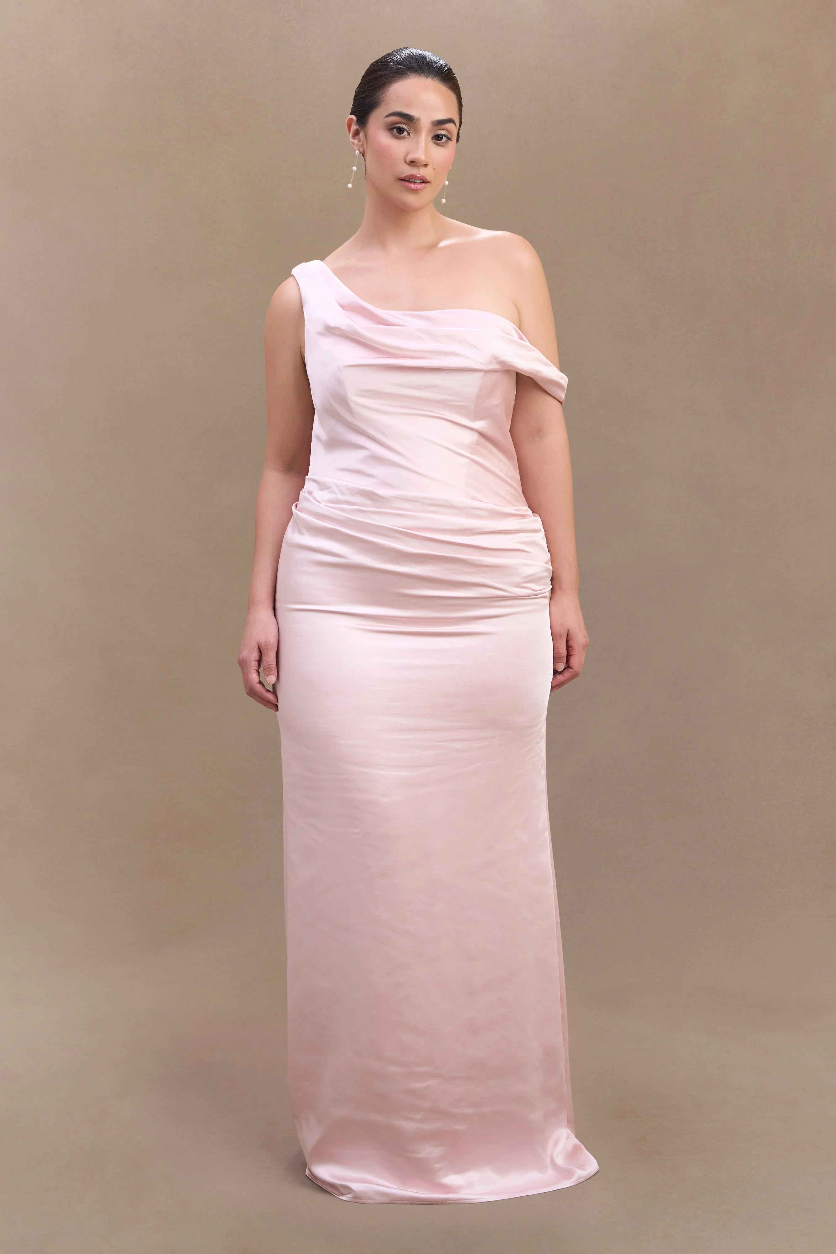 Dalia Off Shoulder Satin Maxi Dress Soft Pink