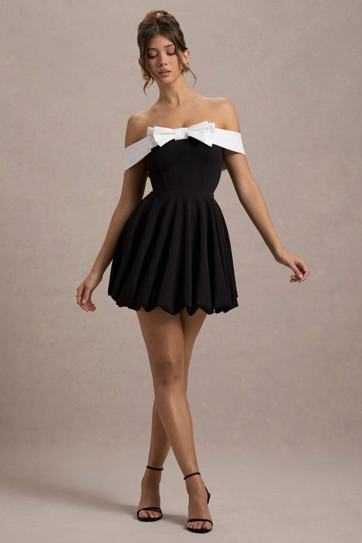 Minimoiselle Black White Bow Bardot Mini Dress With Puff Ball Skirt