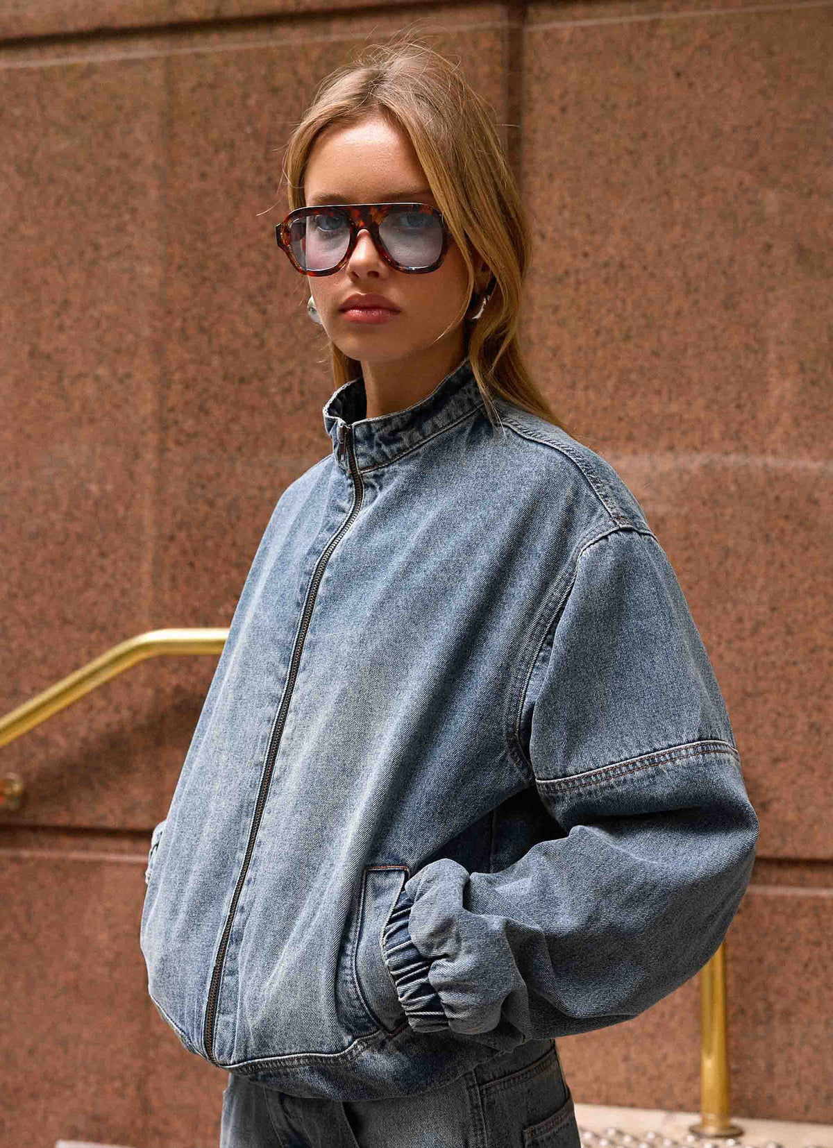 Waylon Denim Bomber Jacket Mid Wash Blue
