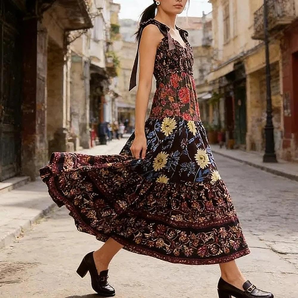 Women Floral Maxi Dress Tie Shoulder Patchwork Smocked Flowy Boho Dress with Pockets Summer Vacation Sundress