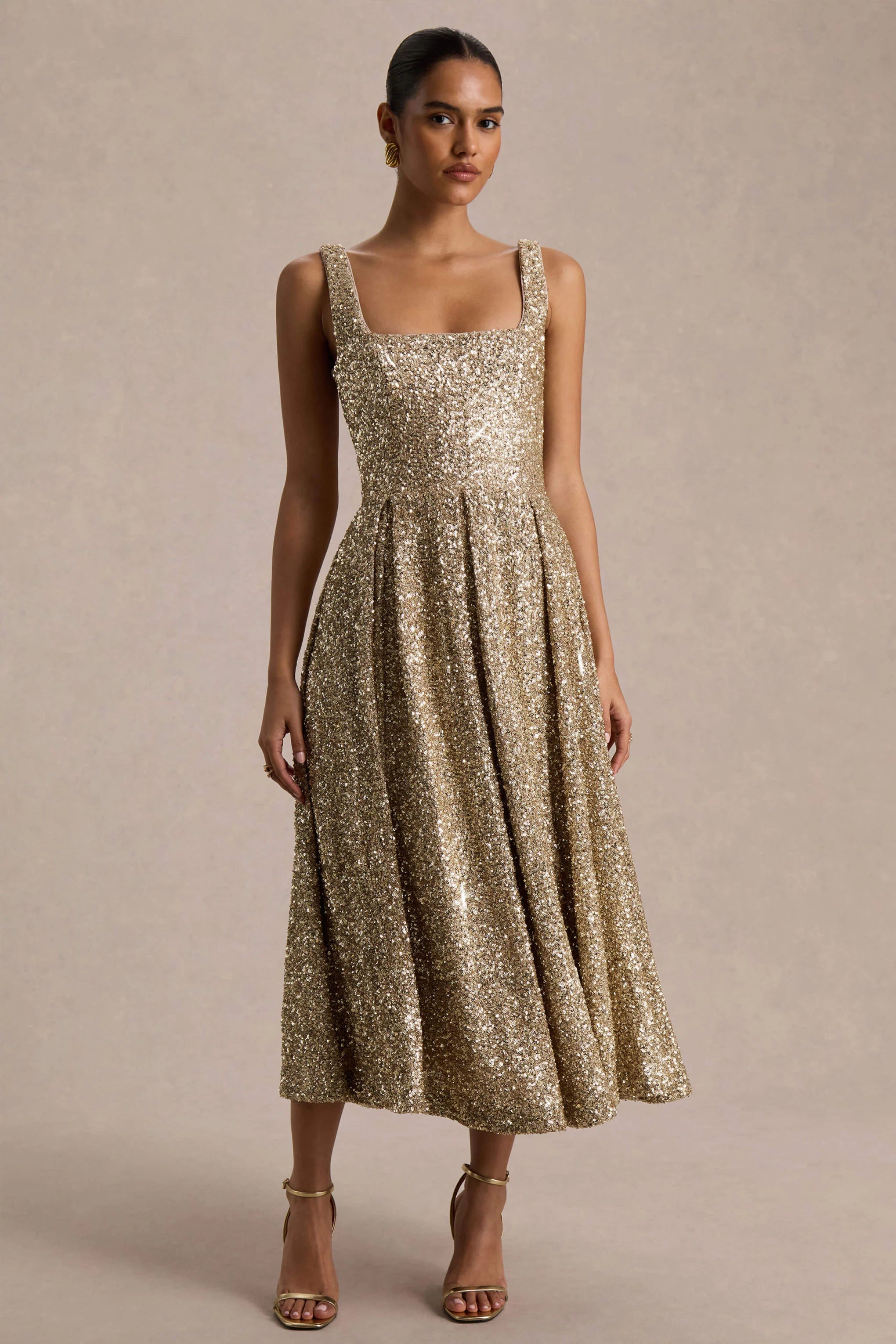 Lima Champagne Sequin Square Neck A Line Midi Dress