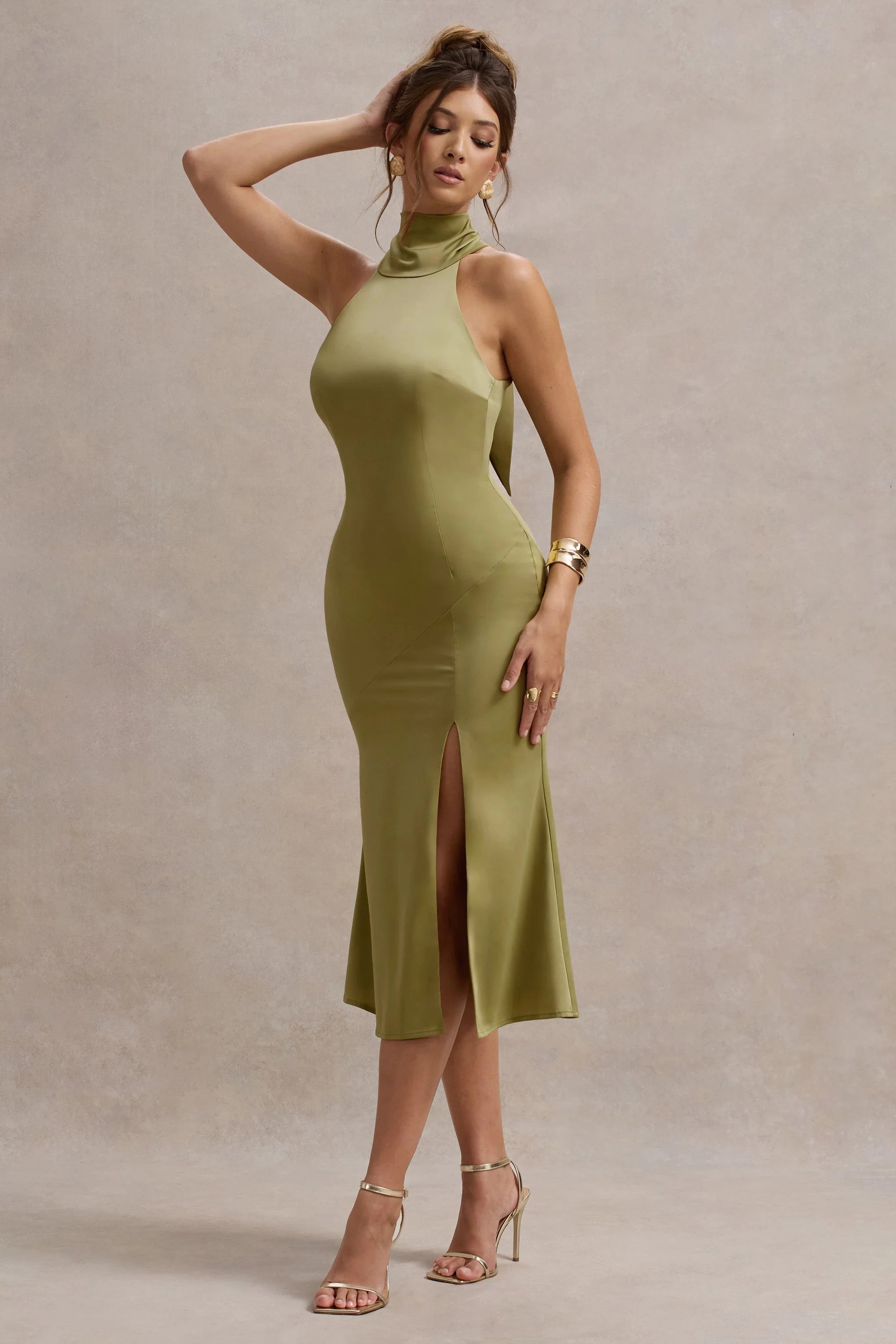 Violette Olive Satin High Neck Split Midi Dress