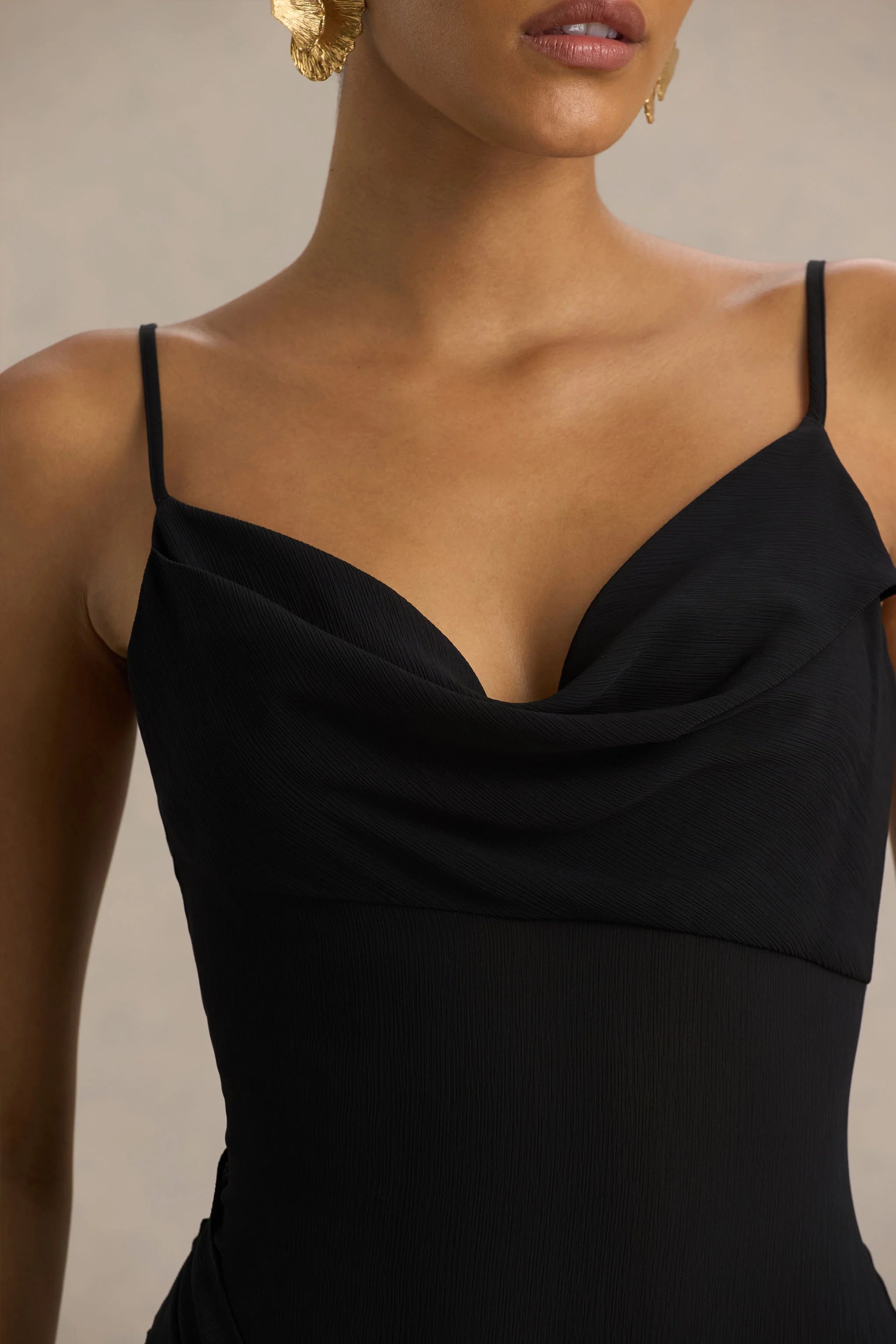 Virtue Black Cowl Neck Fishtail Maxi Dress With Split
