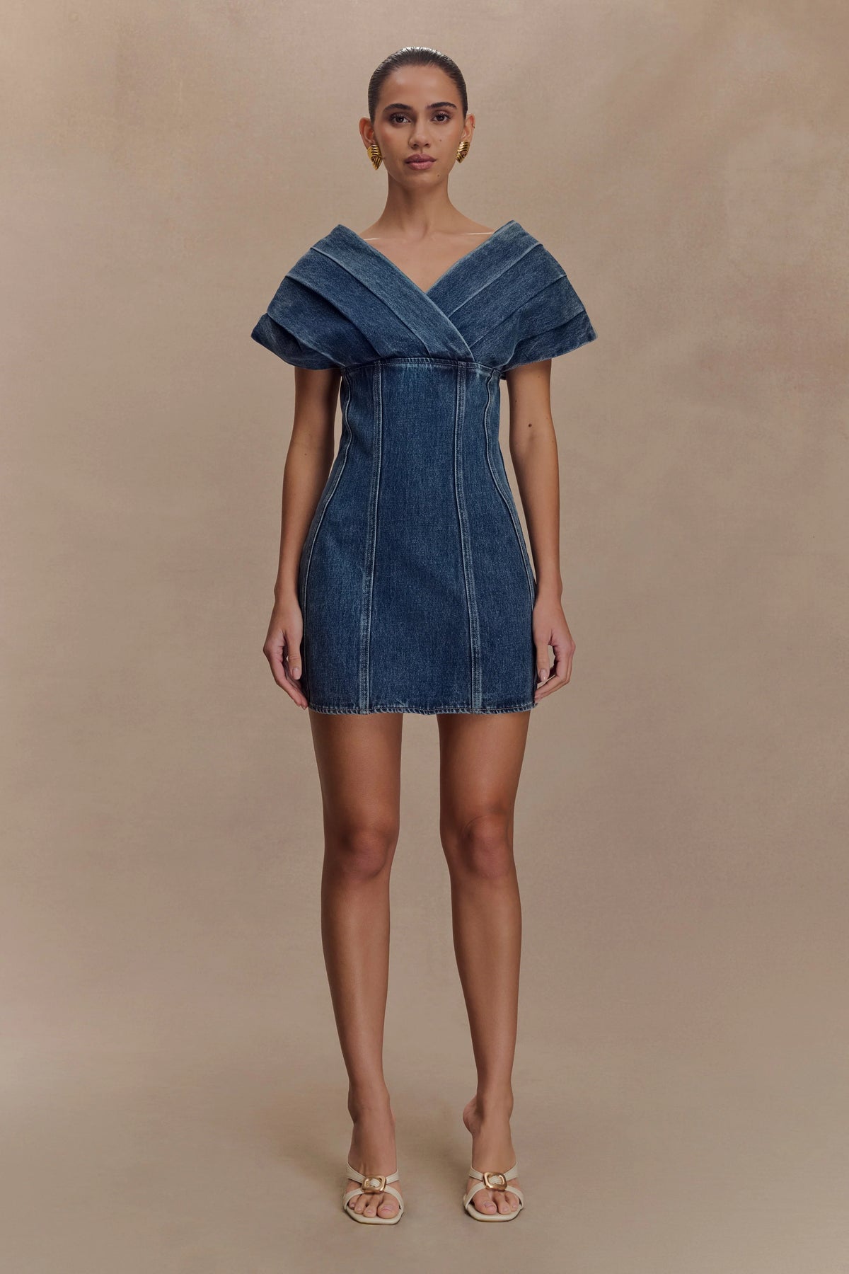 Pascale Off Shoulder Denim Mini Dress Washed Dark Blue