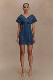 Pascale Off Shoulder Denim Mini Dress Washed Dark Blue