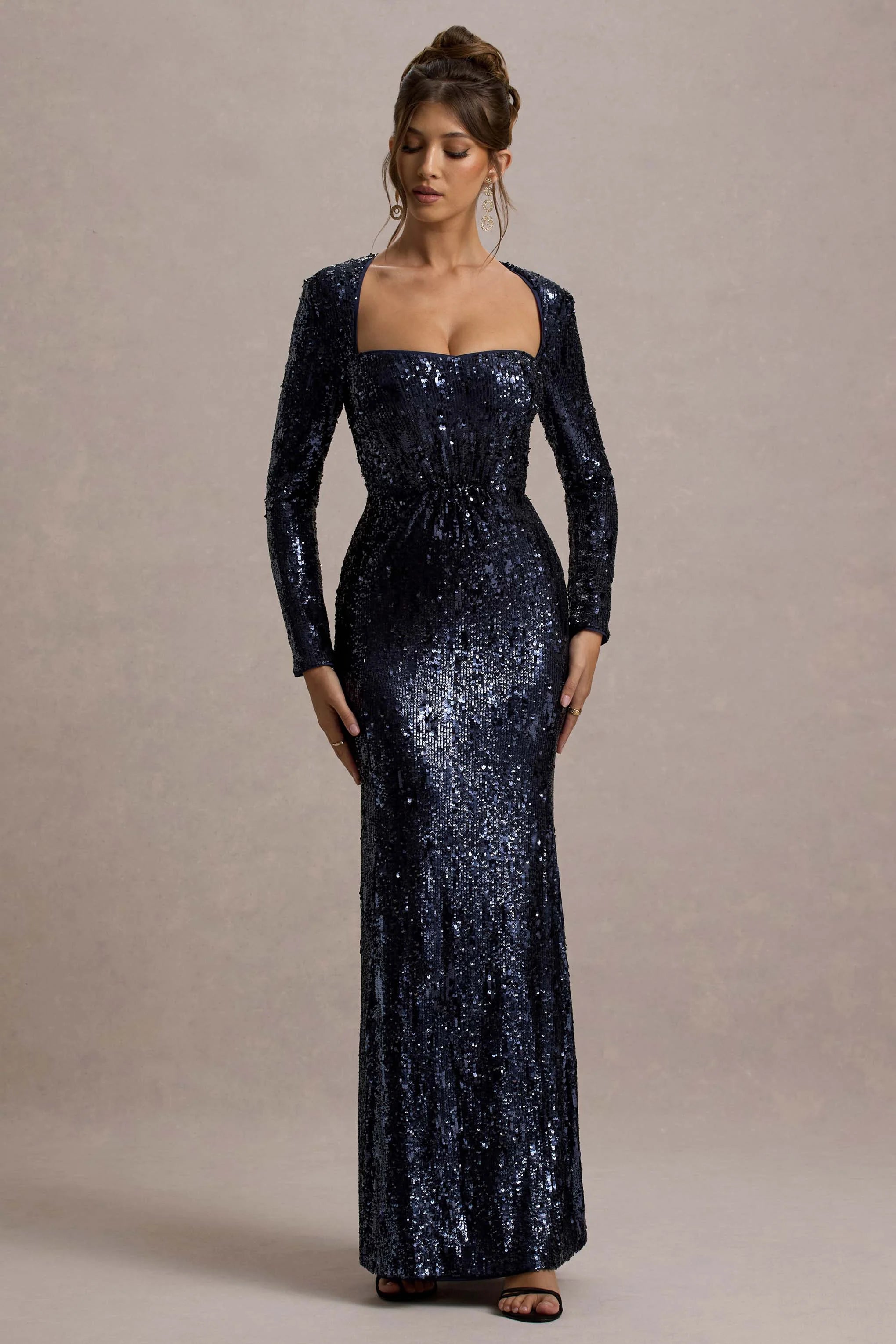 Ensley Navy Sequin Sweetheart Long Sleeve Maxi Dress